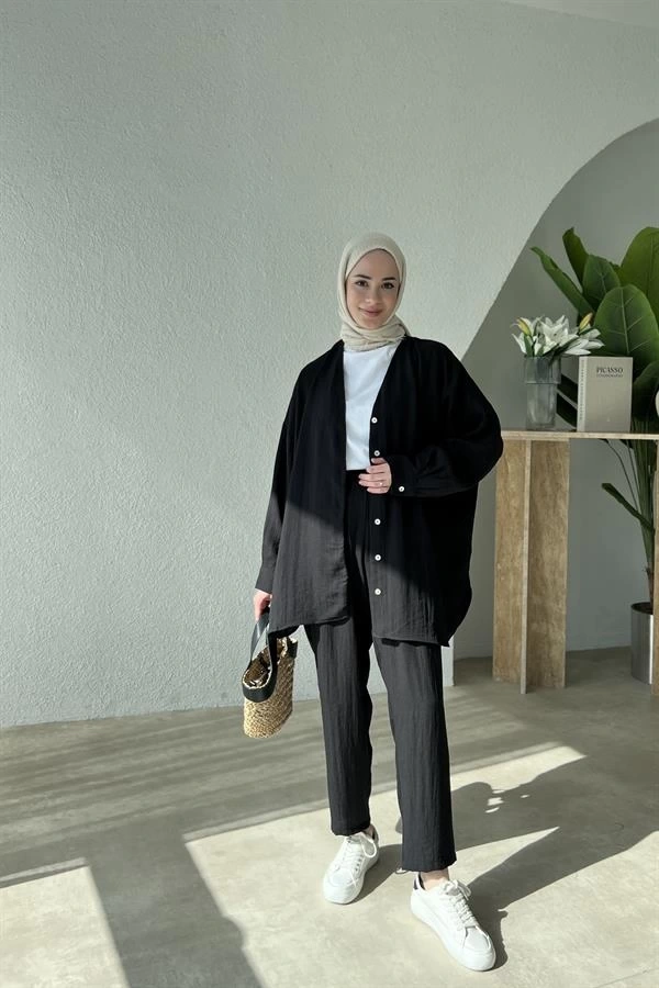 KETEN KİMONO TAKIM SİYAH