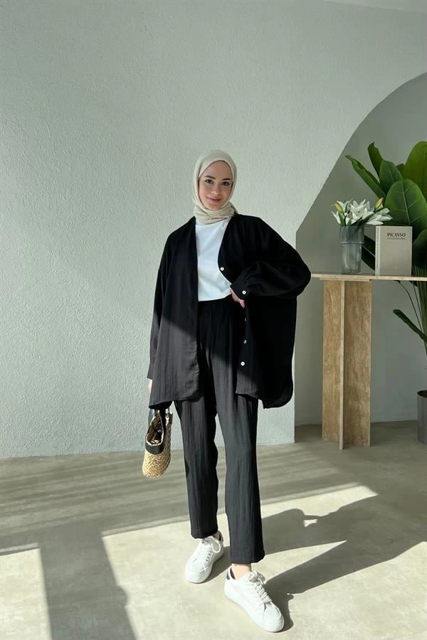 KETEN KİMONO TAKIM SİYAH