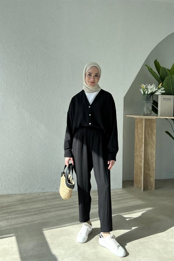 KETEN KİMONO TAKIM SİYAH