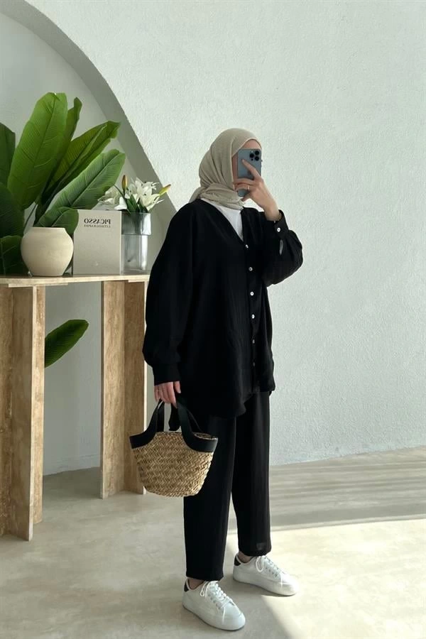 KETEN KİMONO TAKIM SİYAH