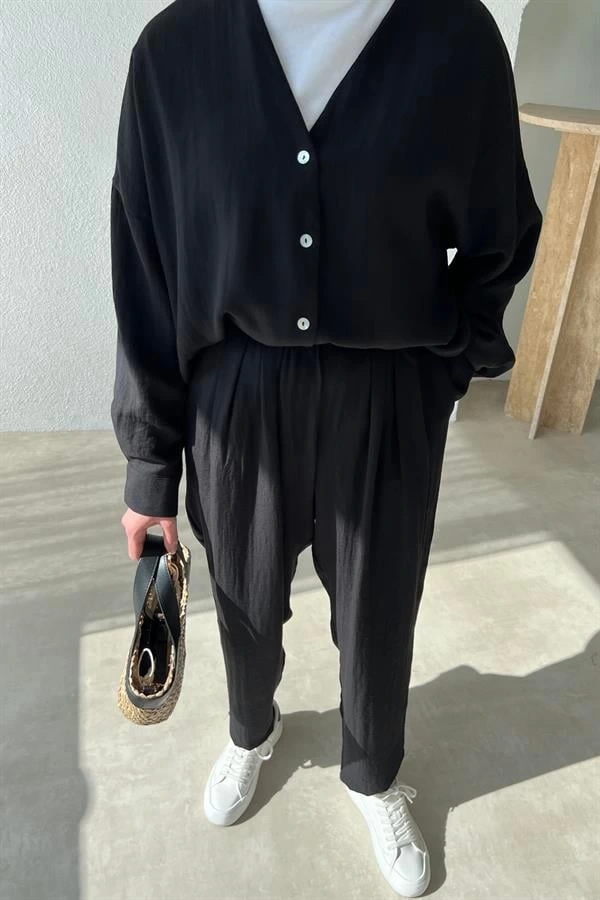 KETEN KİMONO TAKIM SİYAH