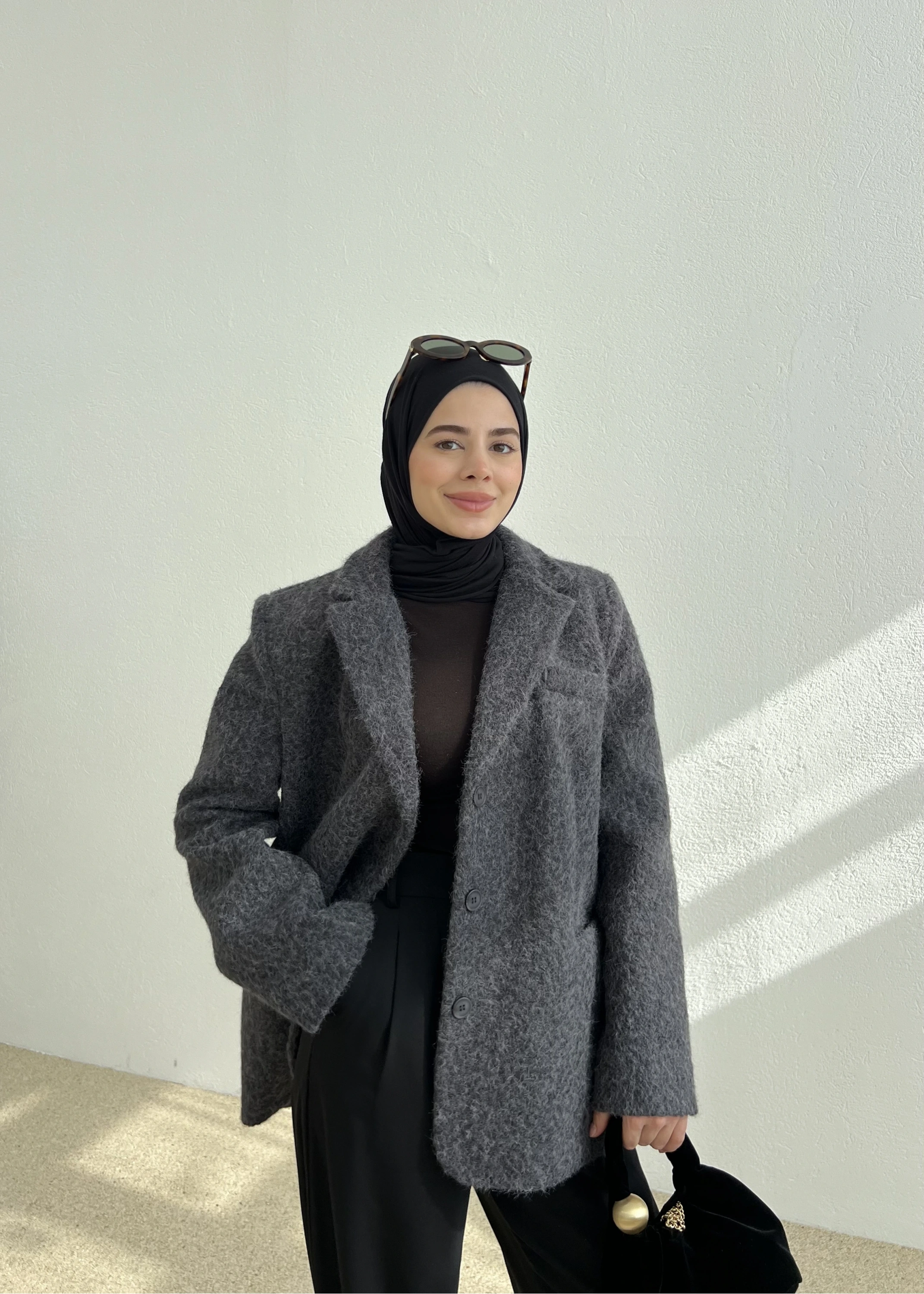 KIRÇILI KEMERLİ KAŞE CEKET ANTRASİT