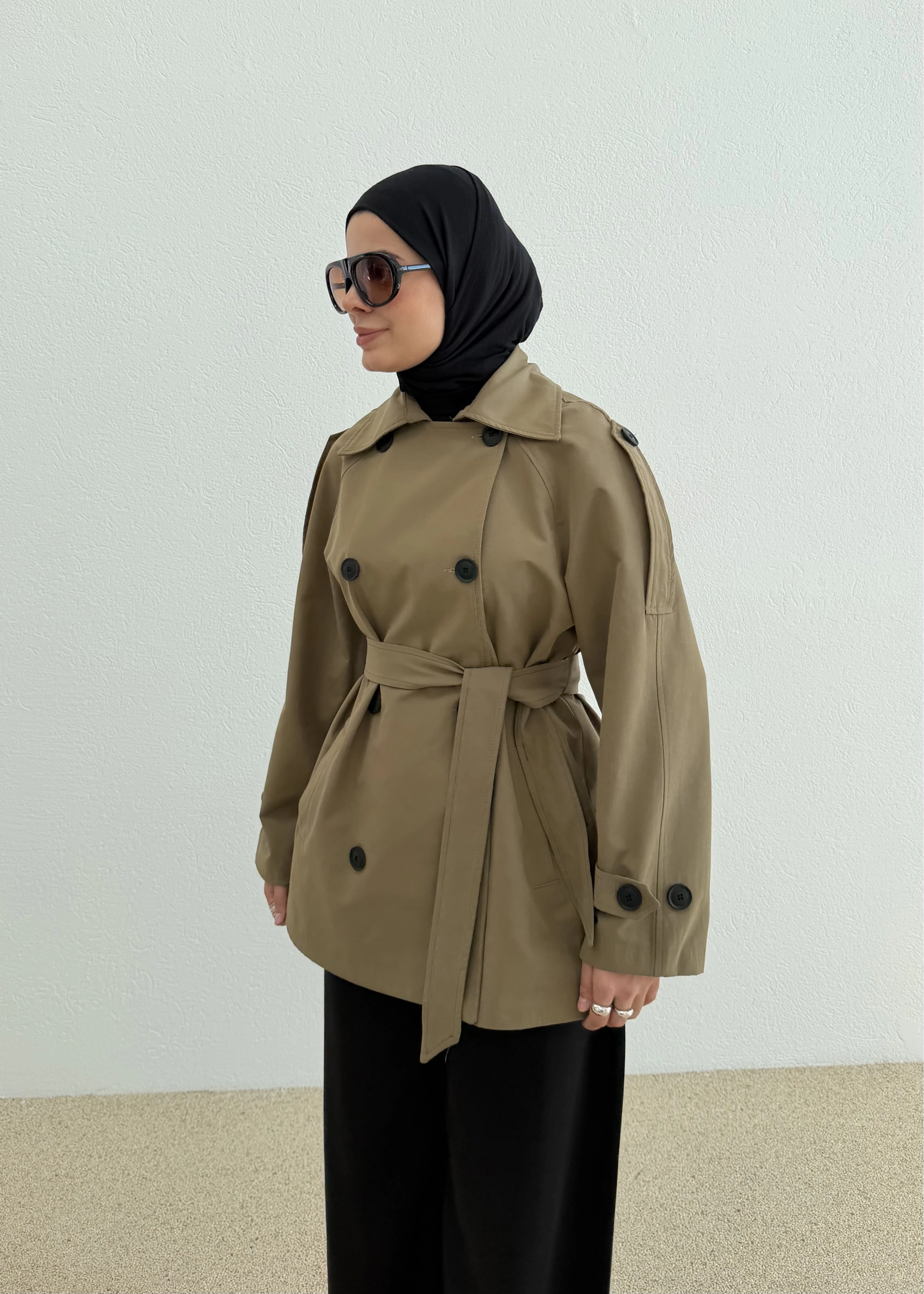 NEW KUŞAKLI DİK YAKA TRENÇKOT YEŞİL