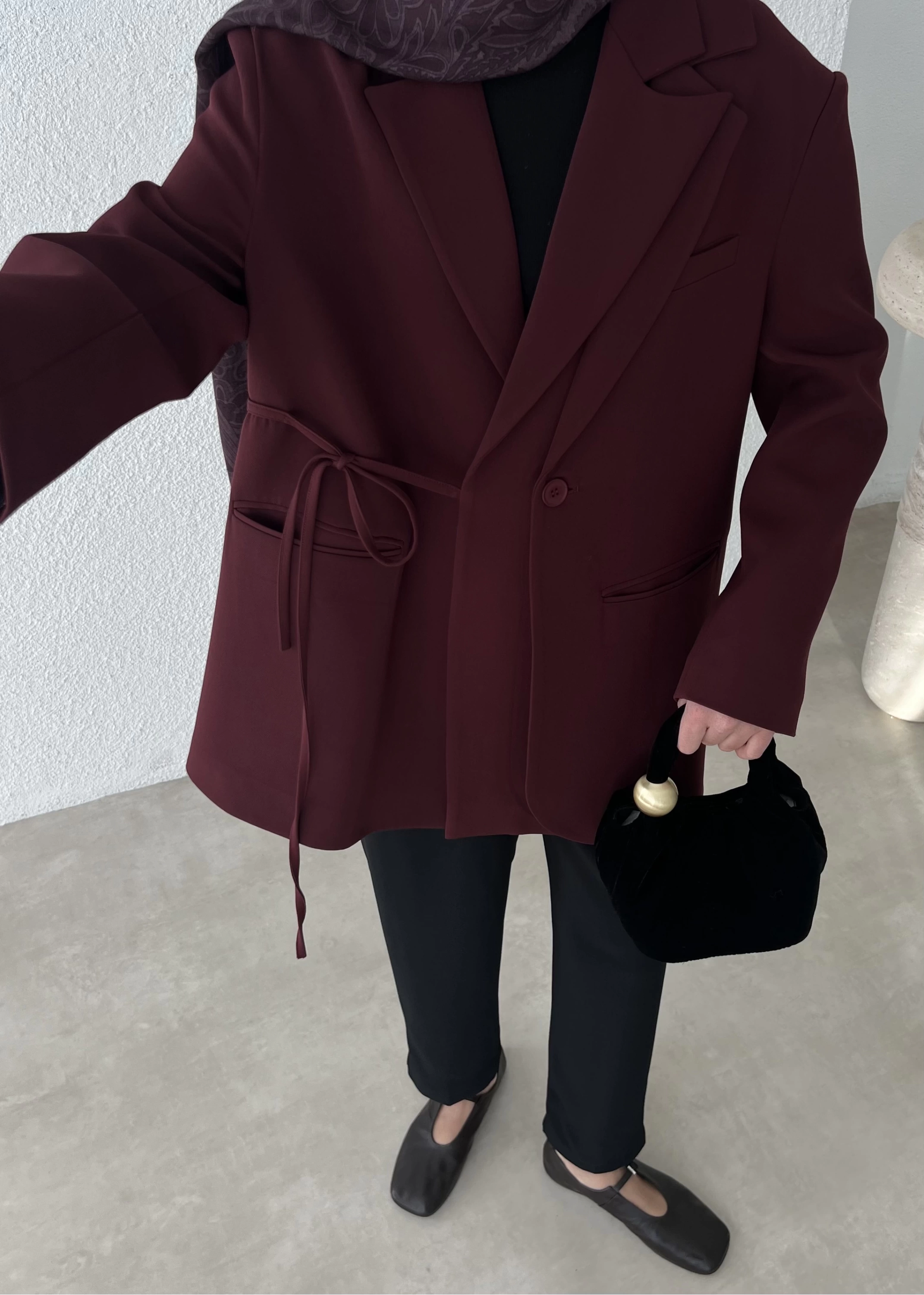 (ÖN SİPARİŞ )LİNE BAĞLAMA DETAY PREMİUM BLAZER bordo