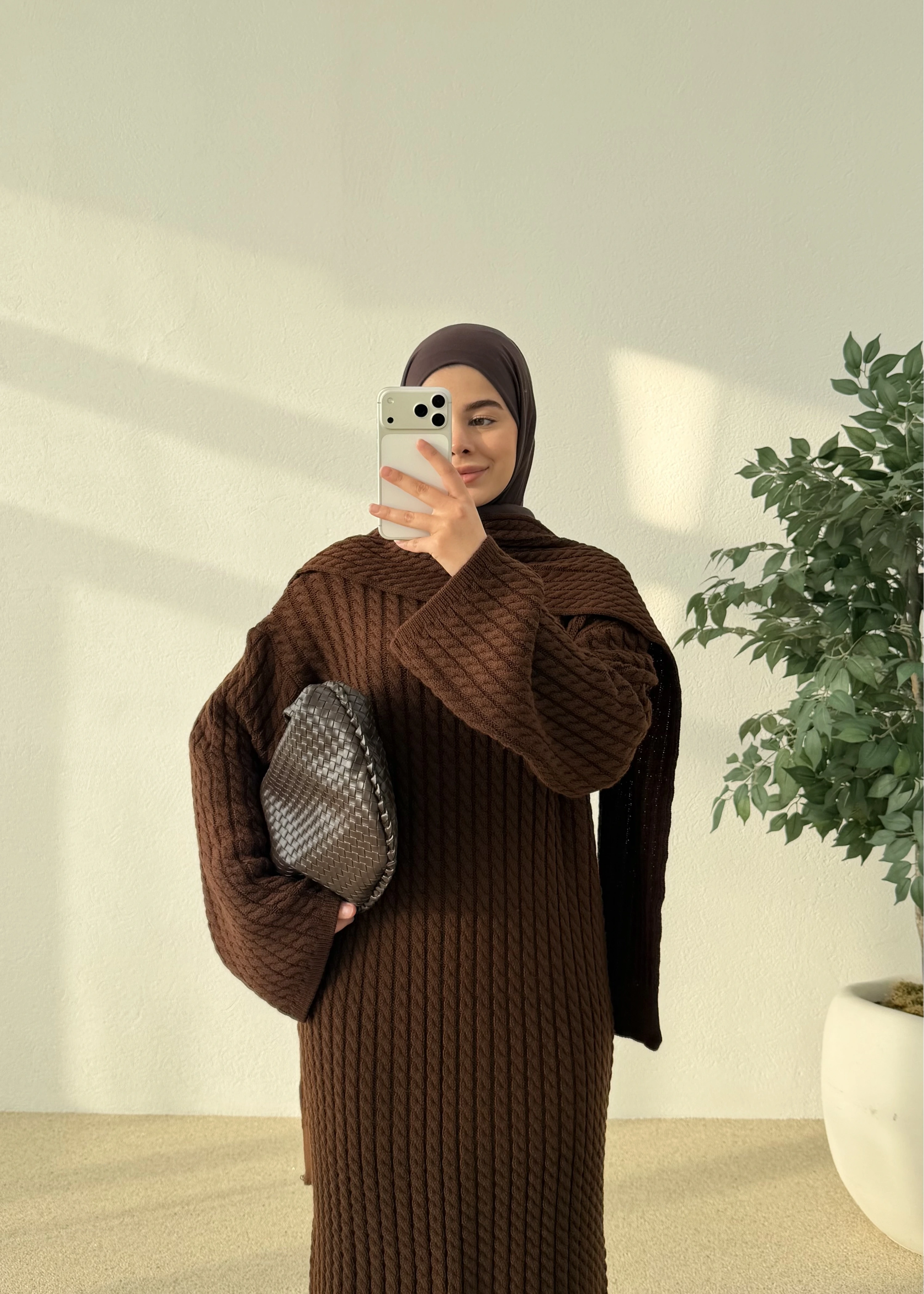 Örgülü atkılı elbise kahve