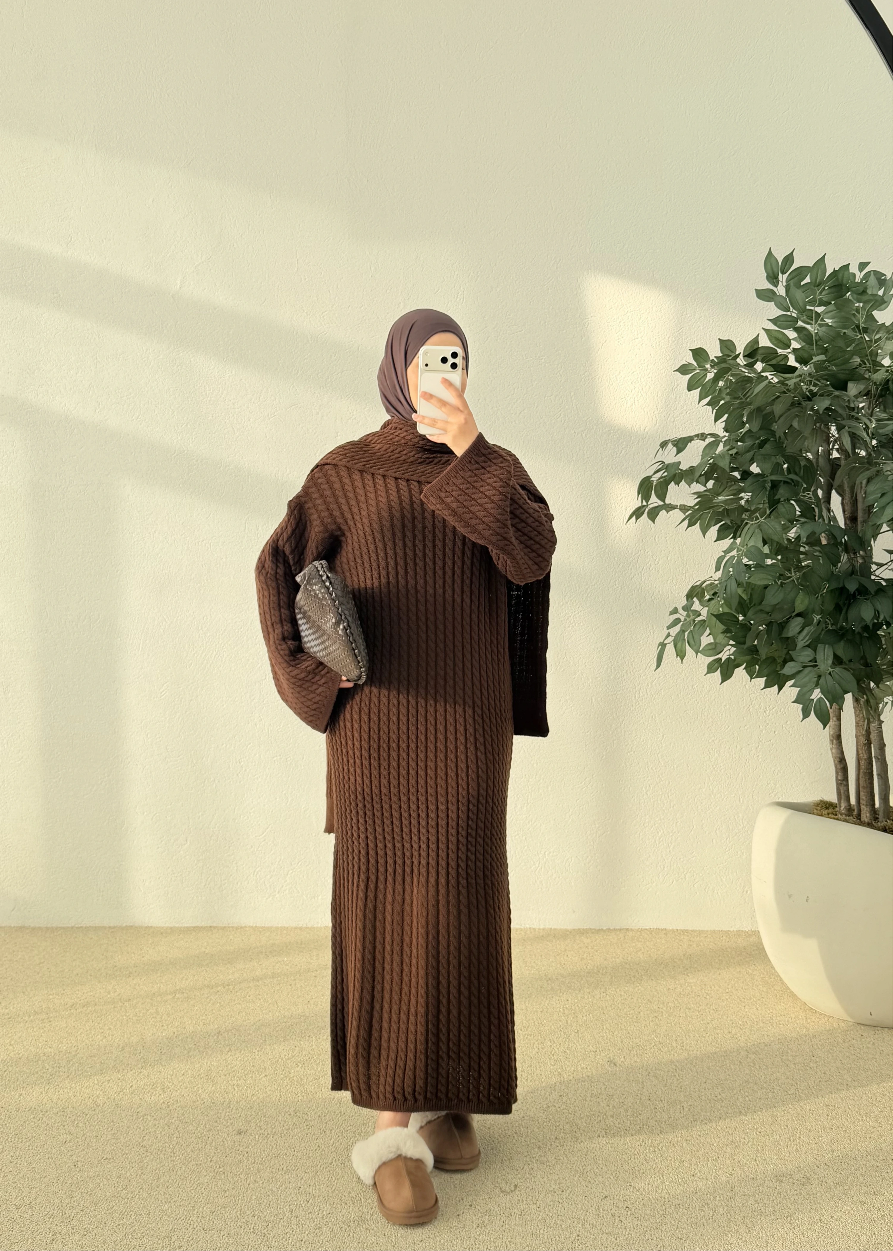 Örgülü atkılı elbise kahve