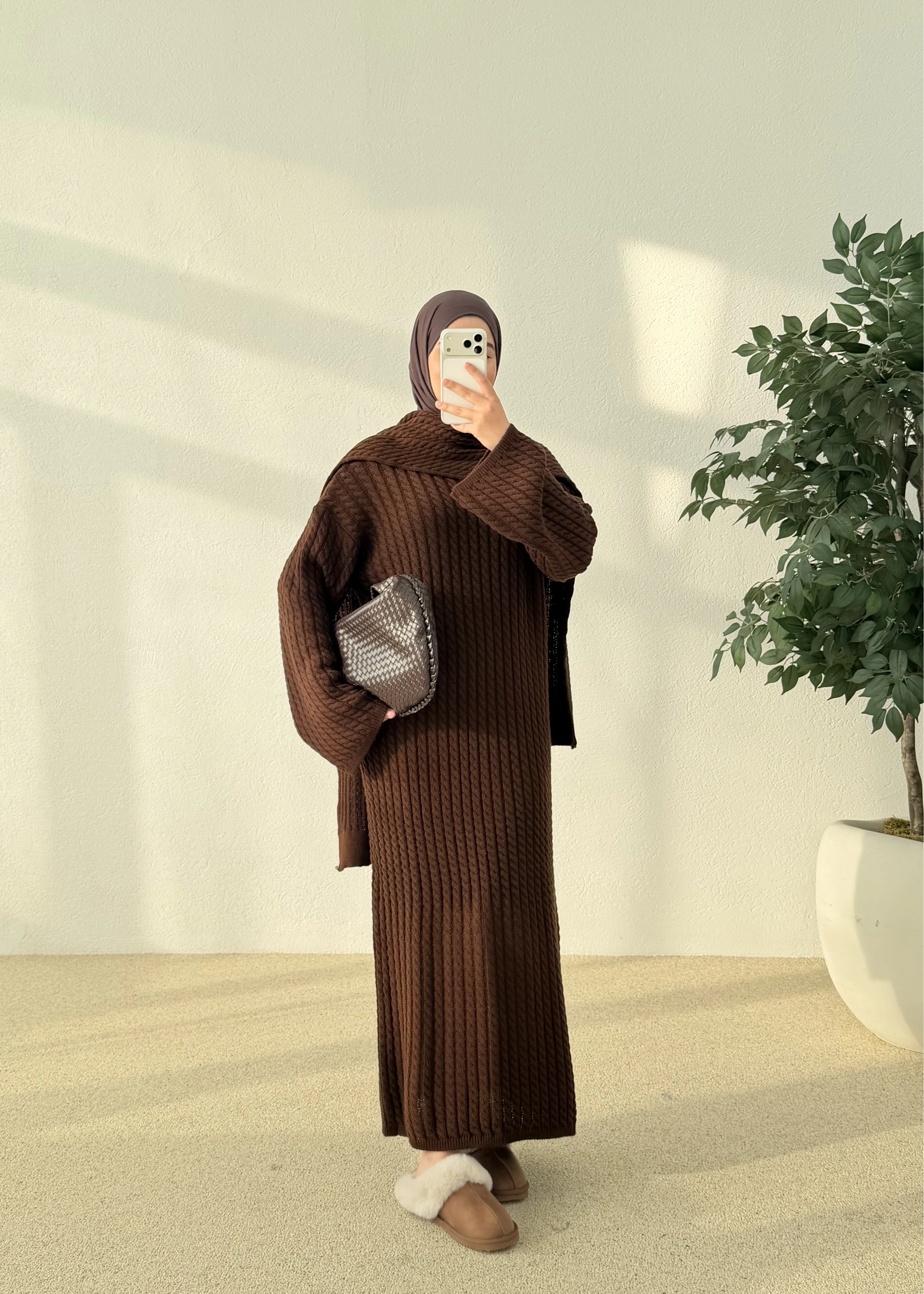 Örgülü atkılı elbise kahve