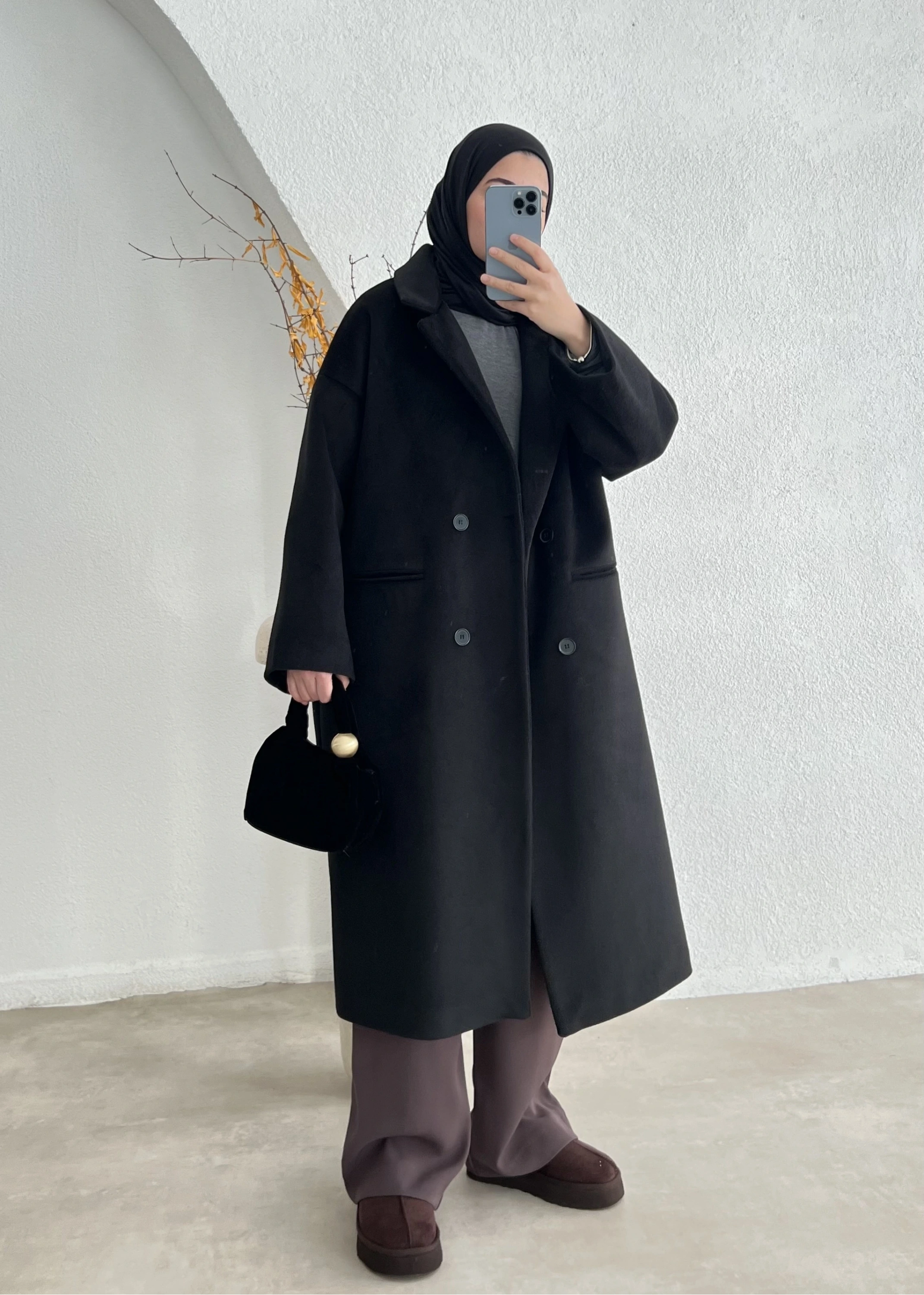 Oversize İtal yün dokulu düğmeli kaban