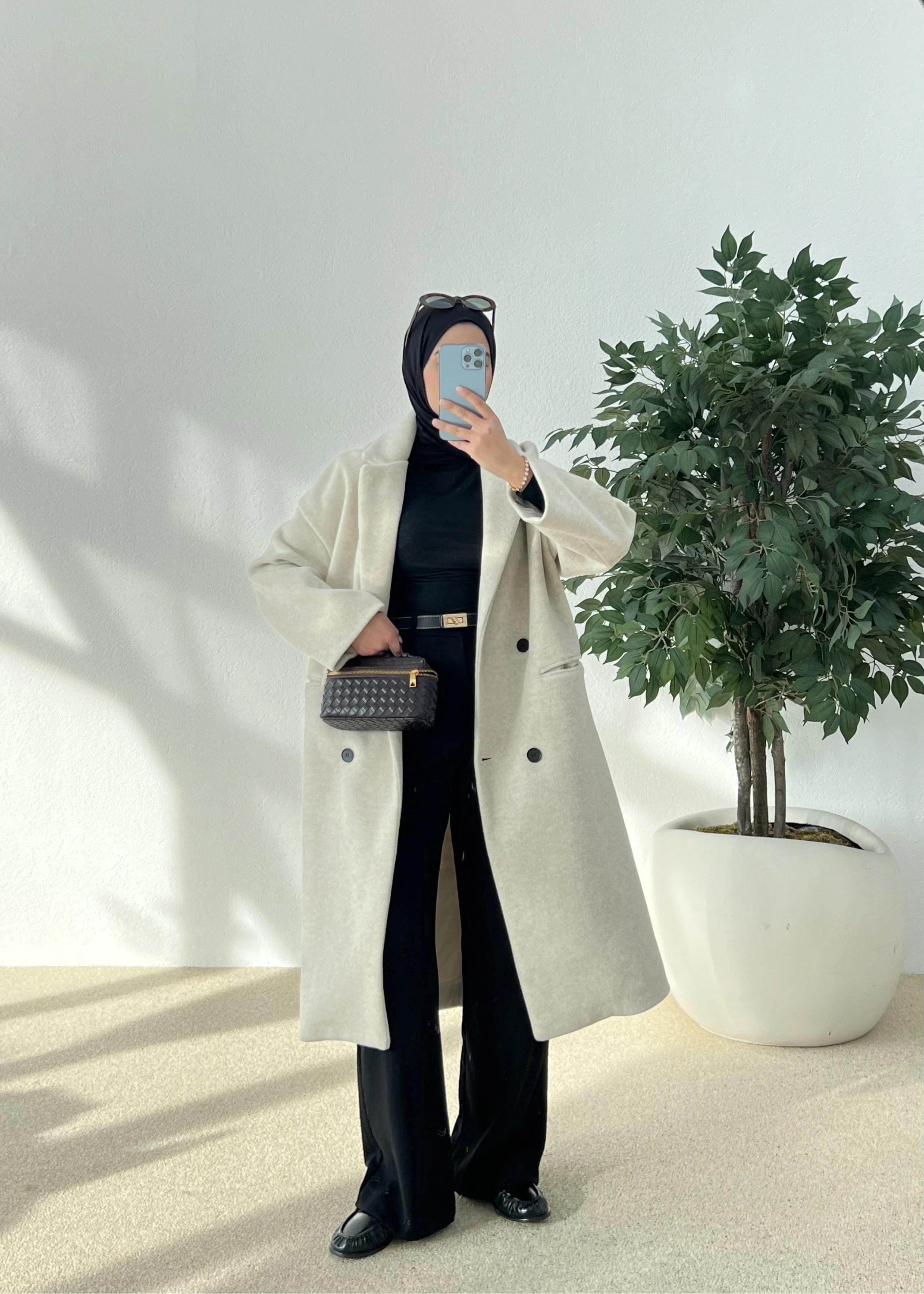 Oversize Premium Kalite Kaban Bej // Siyah Düğmeli