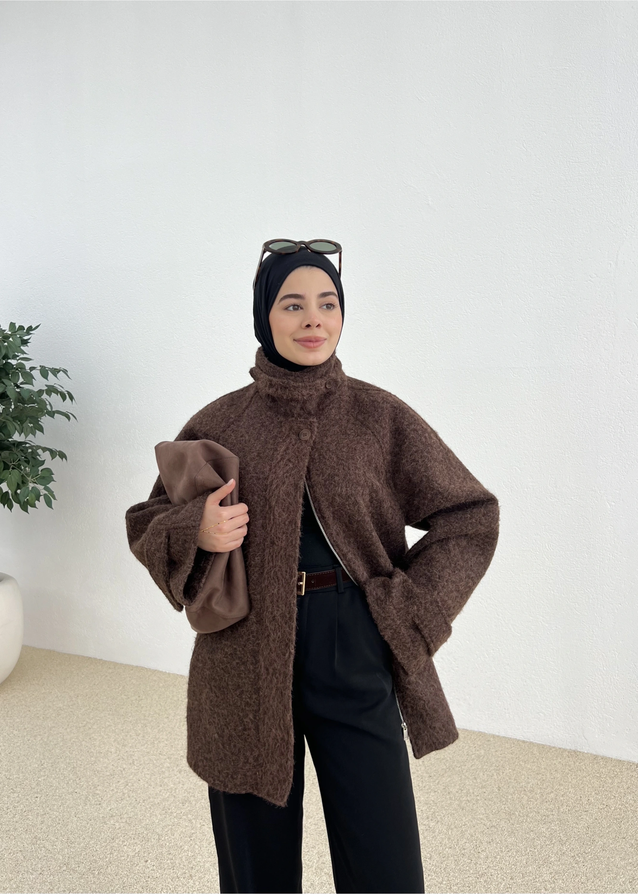 PAT DETAYLI FERMUARLI KABAN CEKET KAHVE