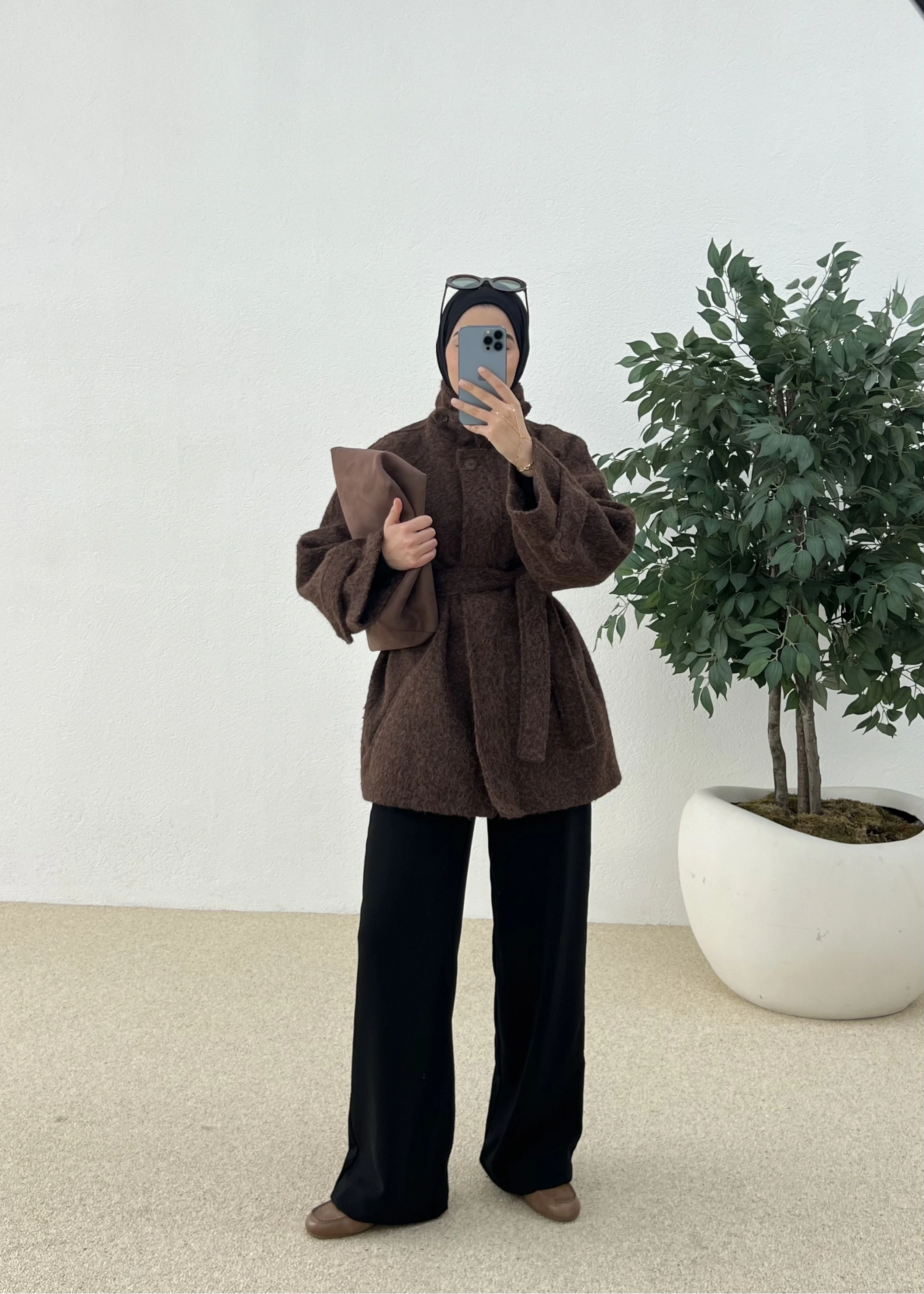 PAT DETAYLI FERMUARLI KABAN CEKET KAHVE