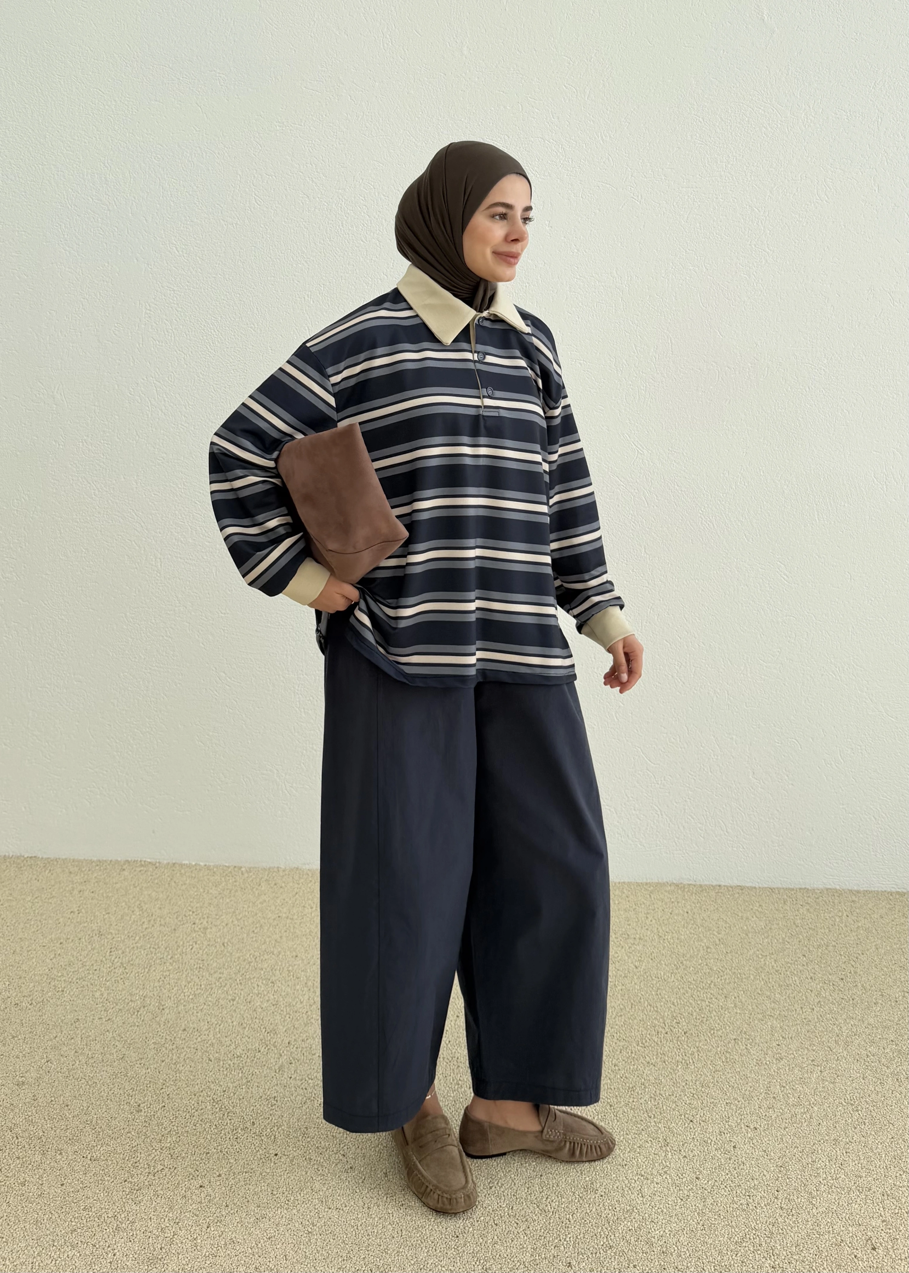 POLO YAKA CİZGİLİ SWEAT LACİVERT