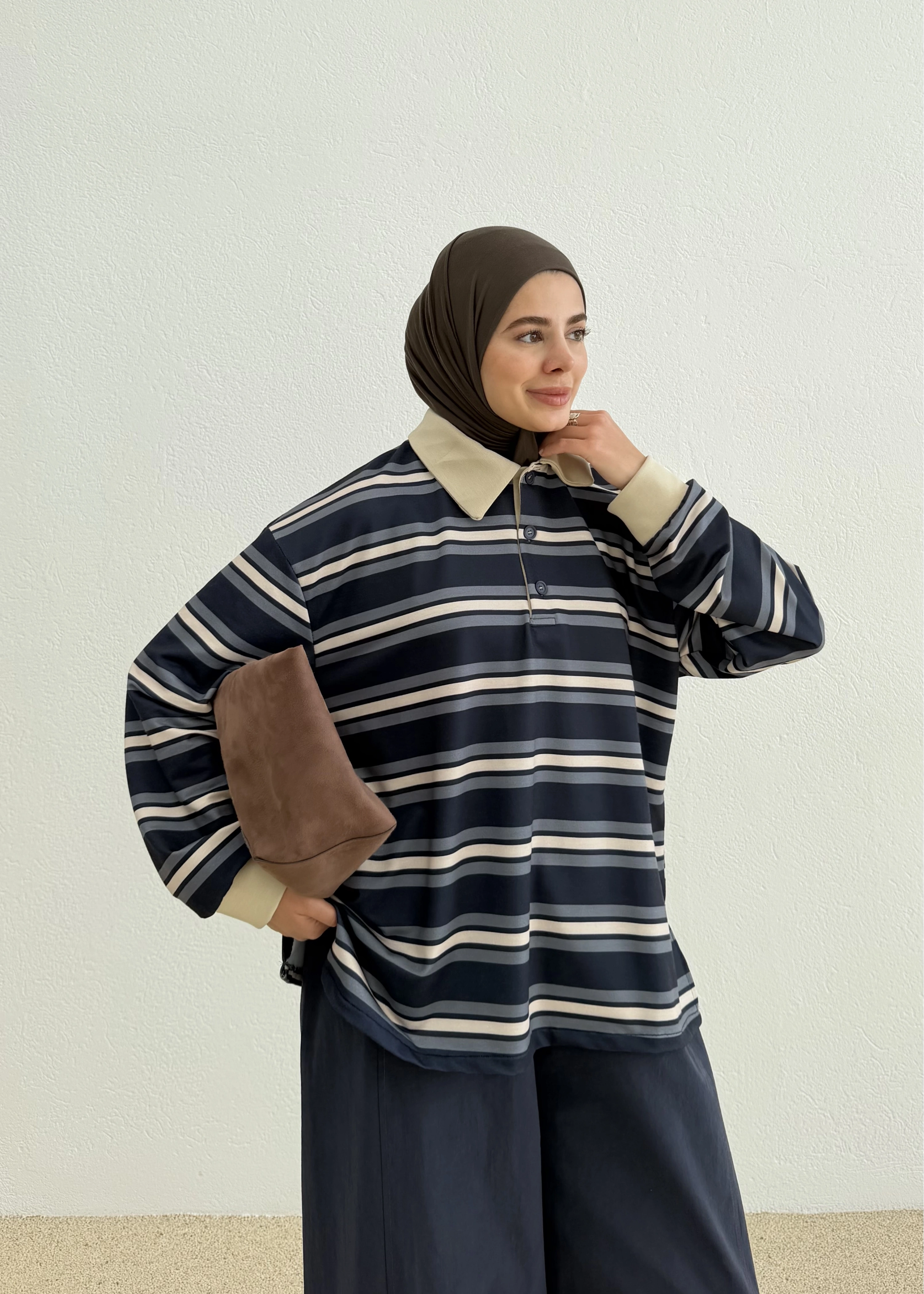 POLO YAKA CİZGİLİ SWEAT LACİVERT