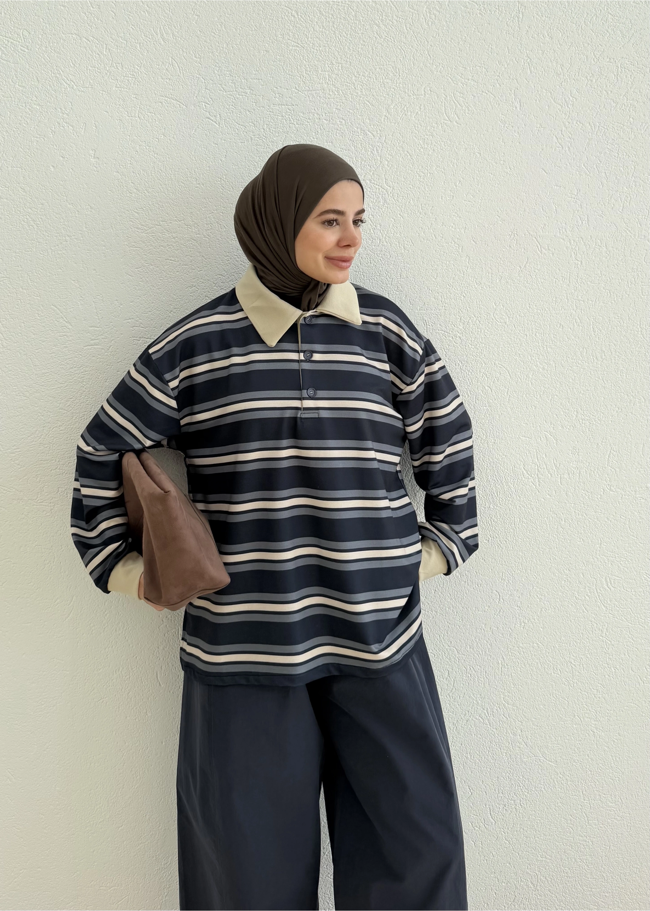 POLO YAKA CİZGİLİ SWEAT LACİVERT