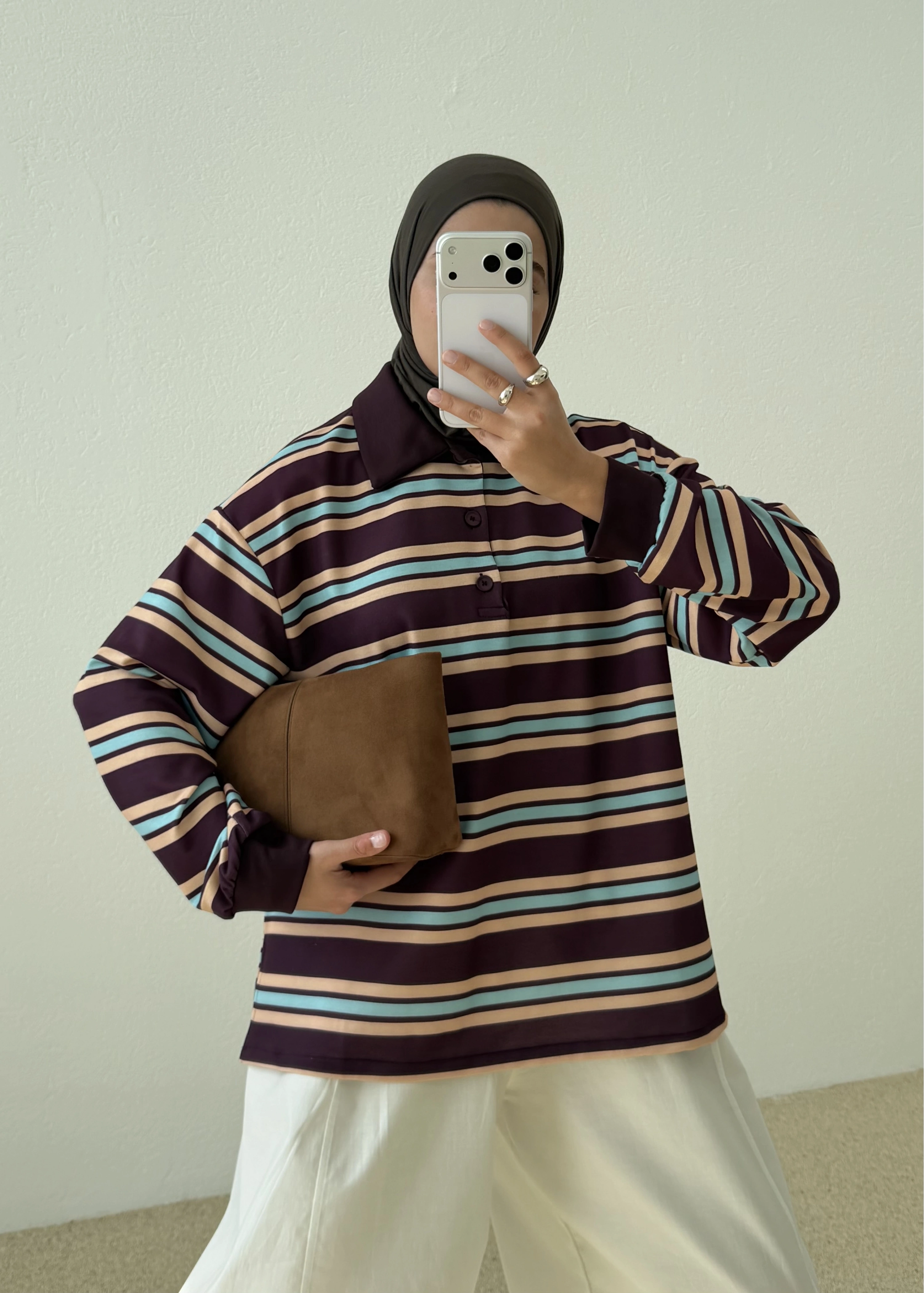 POLO YAKA CİZGİLİ SWEAT MOR
