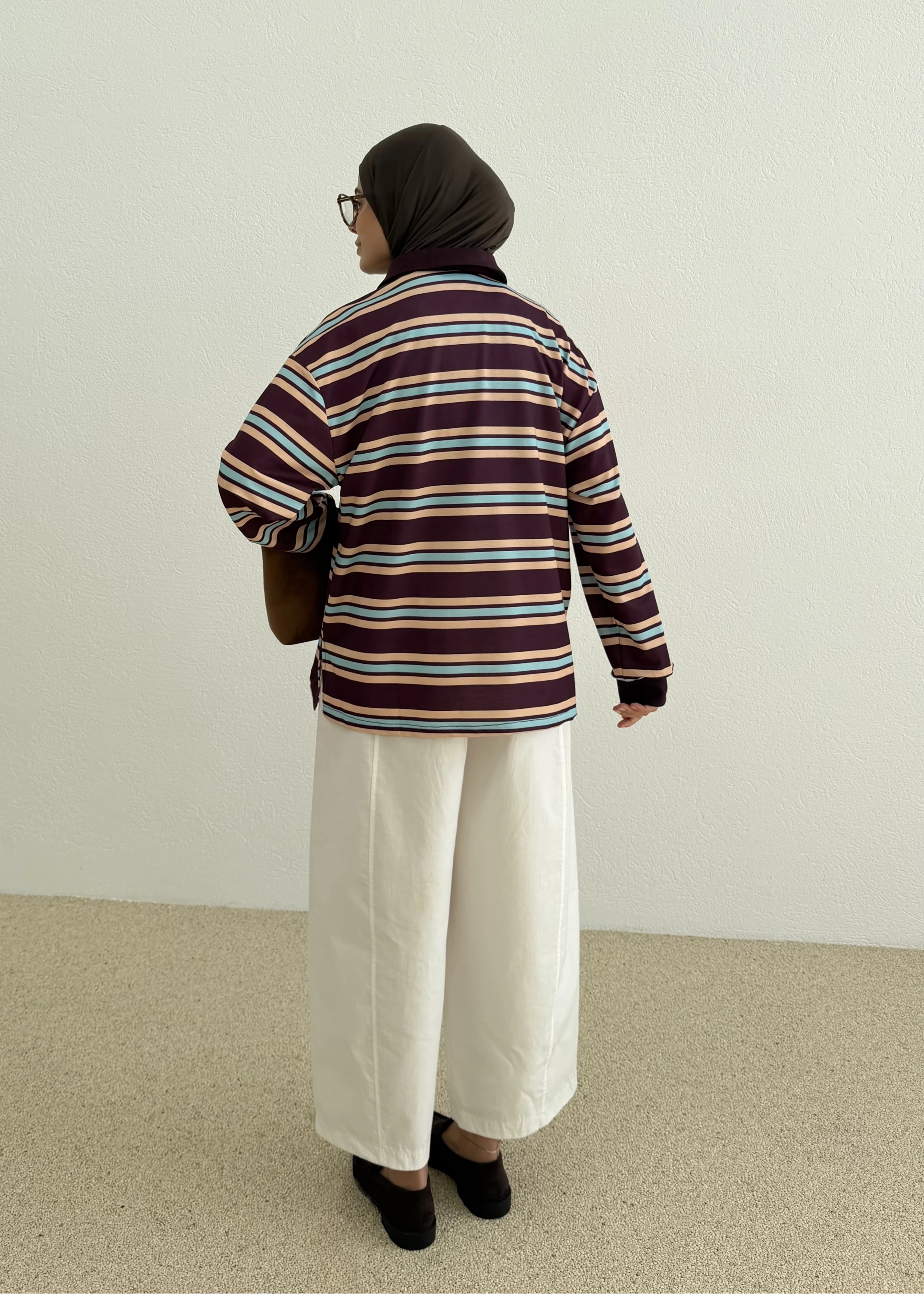 POLO YAKA CİZGİLİ SWEAT MOR
