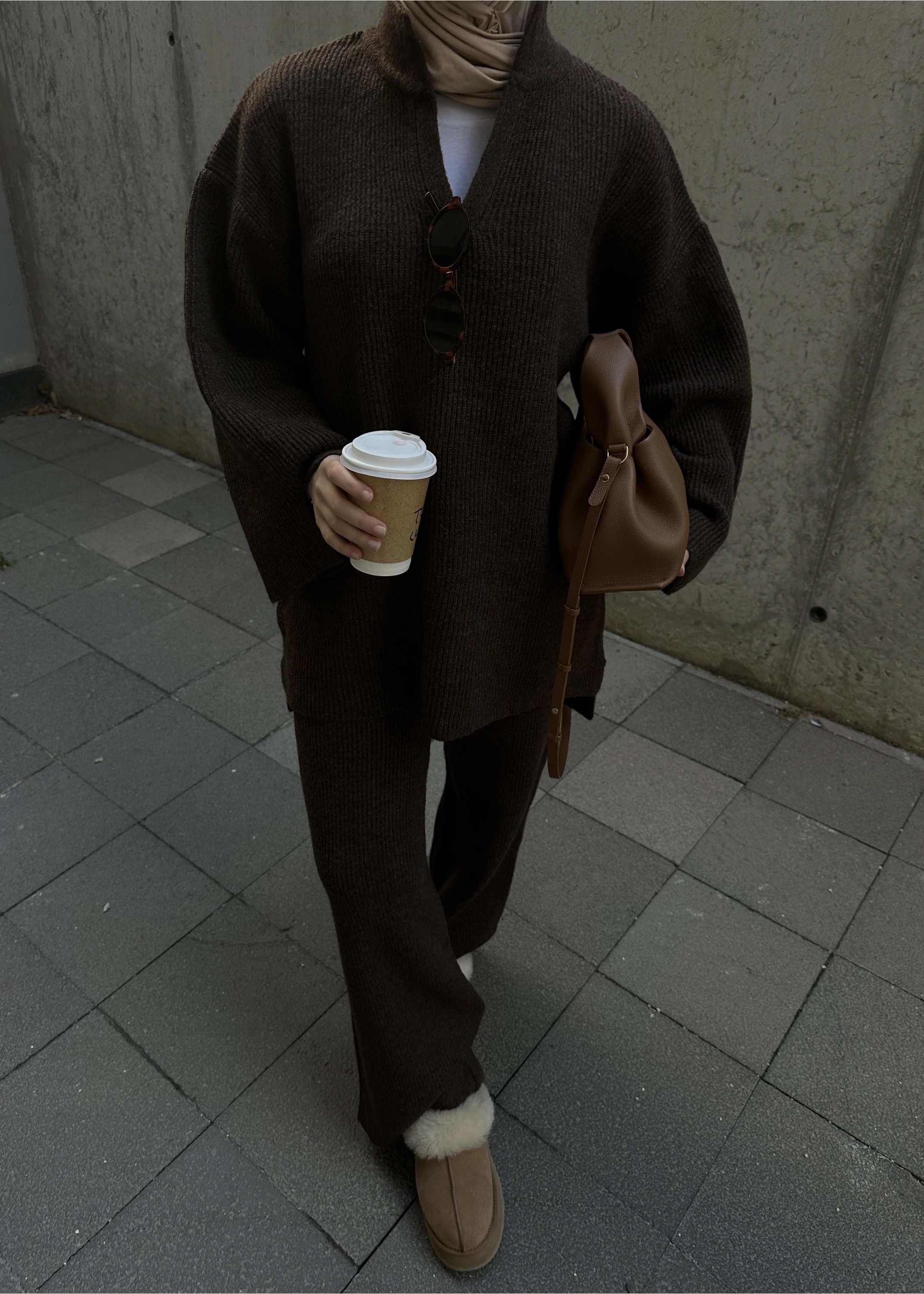 POLO YAKA ÖRGÜ TRİKO TAKIM kahve