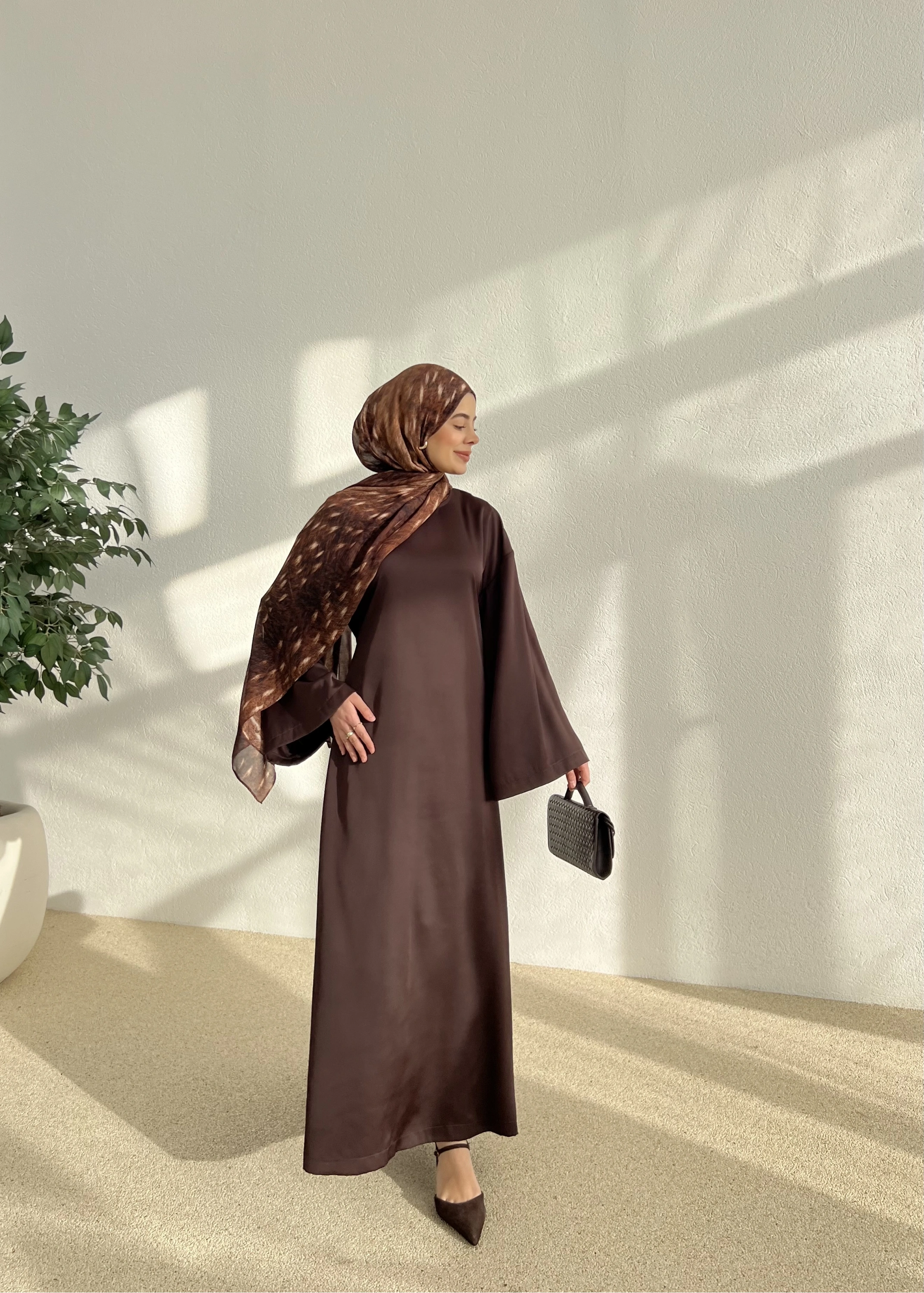 SATEN AYARLANABİLİR BEL ELBİSE kahve