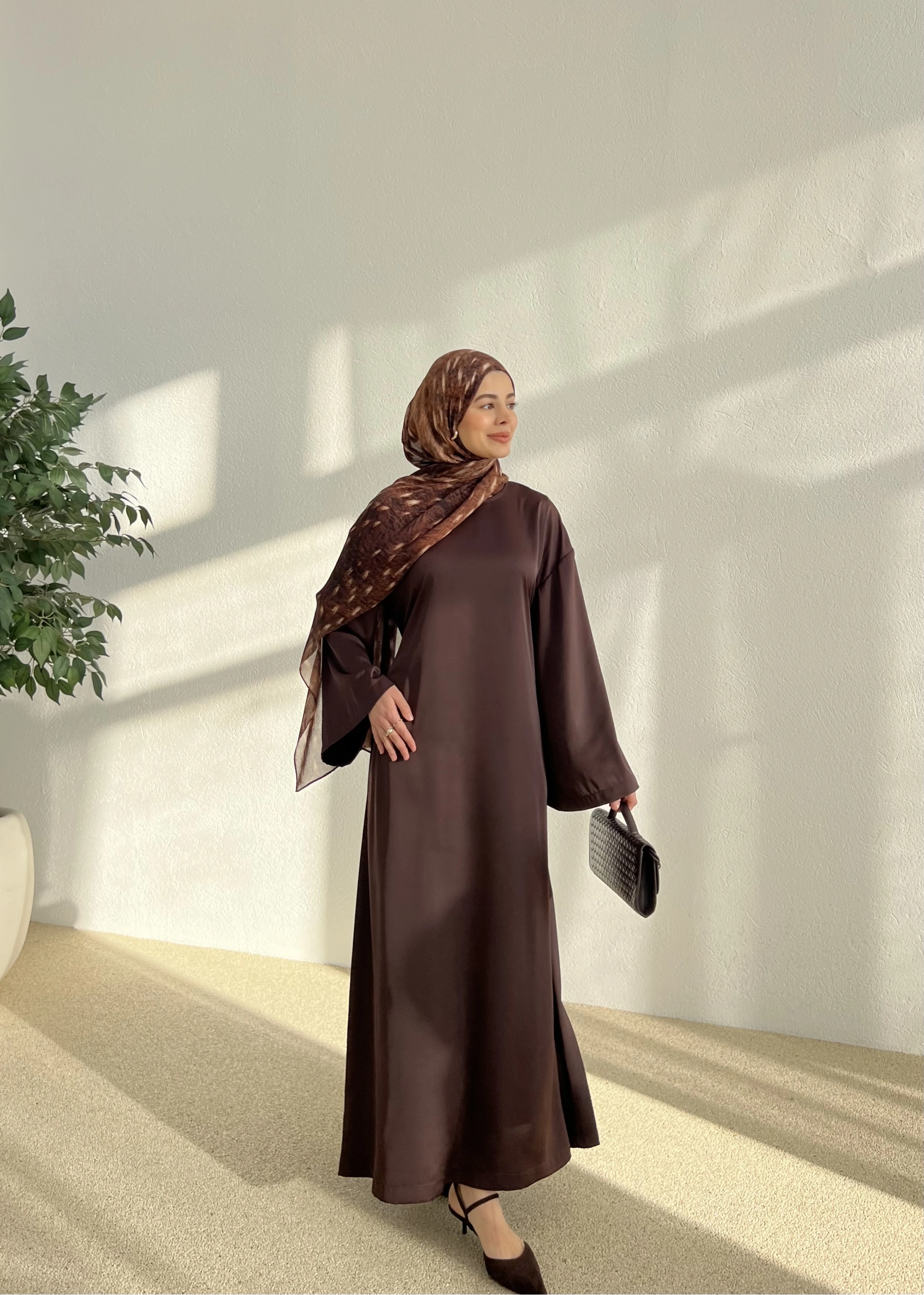 SATEN AYARLANABİLİR BEL ELBİSE kahve