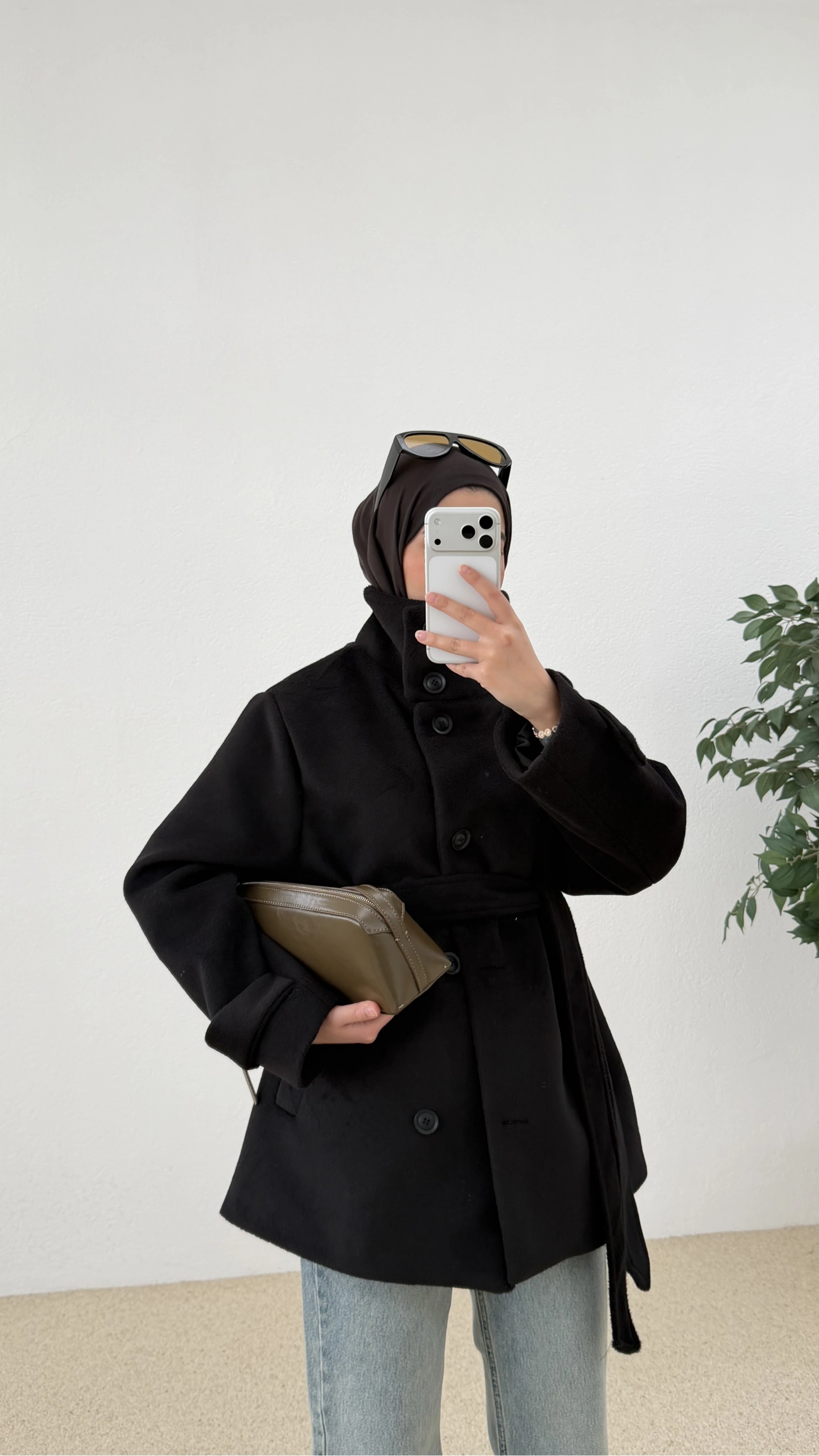 KUŞAKLI DİK YAKA KABAN siyah