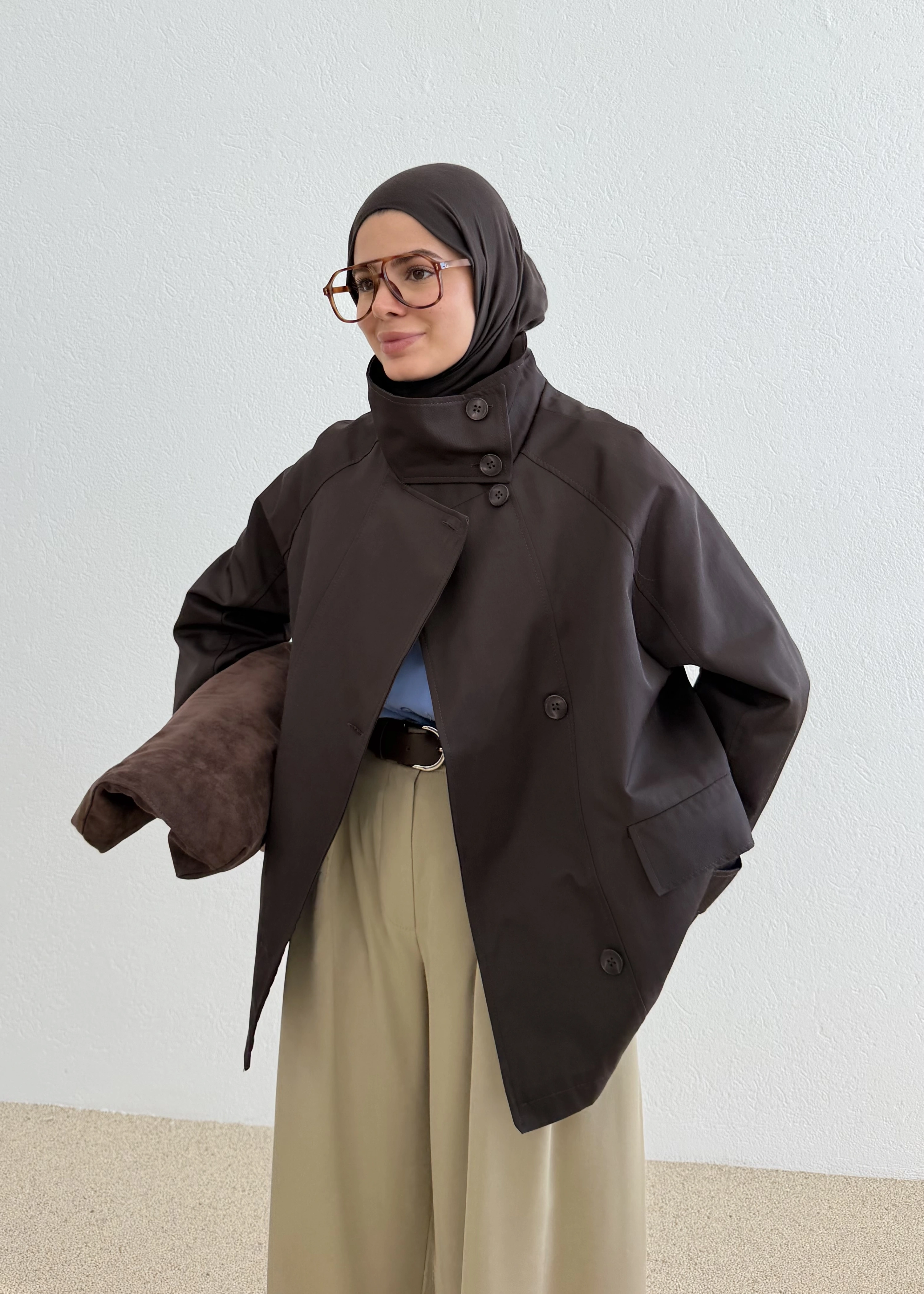 7739 YAKA DÜĞME ZARİF TRENÇ KAHVE
