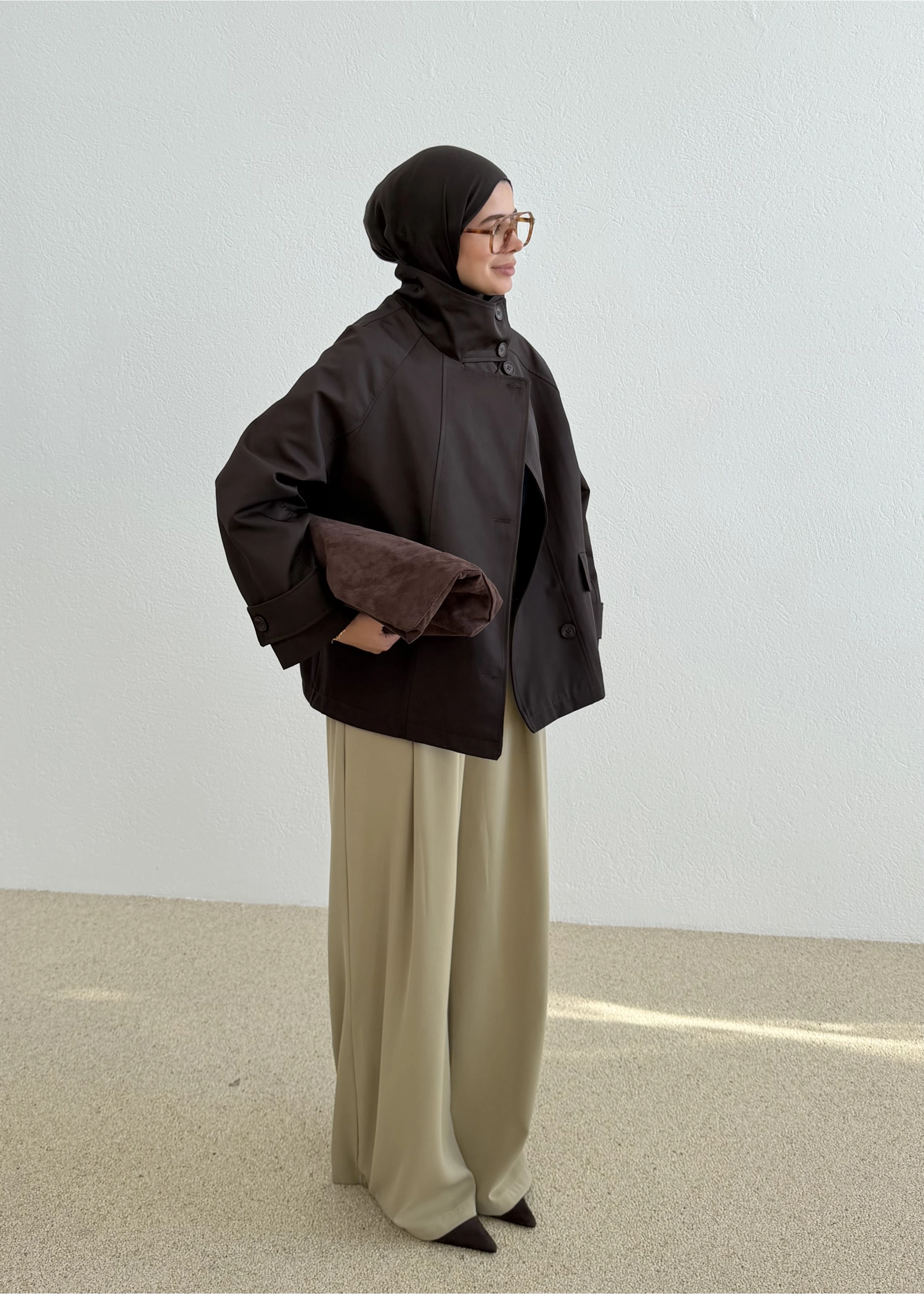 7739 YAKA DÜĞME ZARİF TRENÇ KAHVE