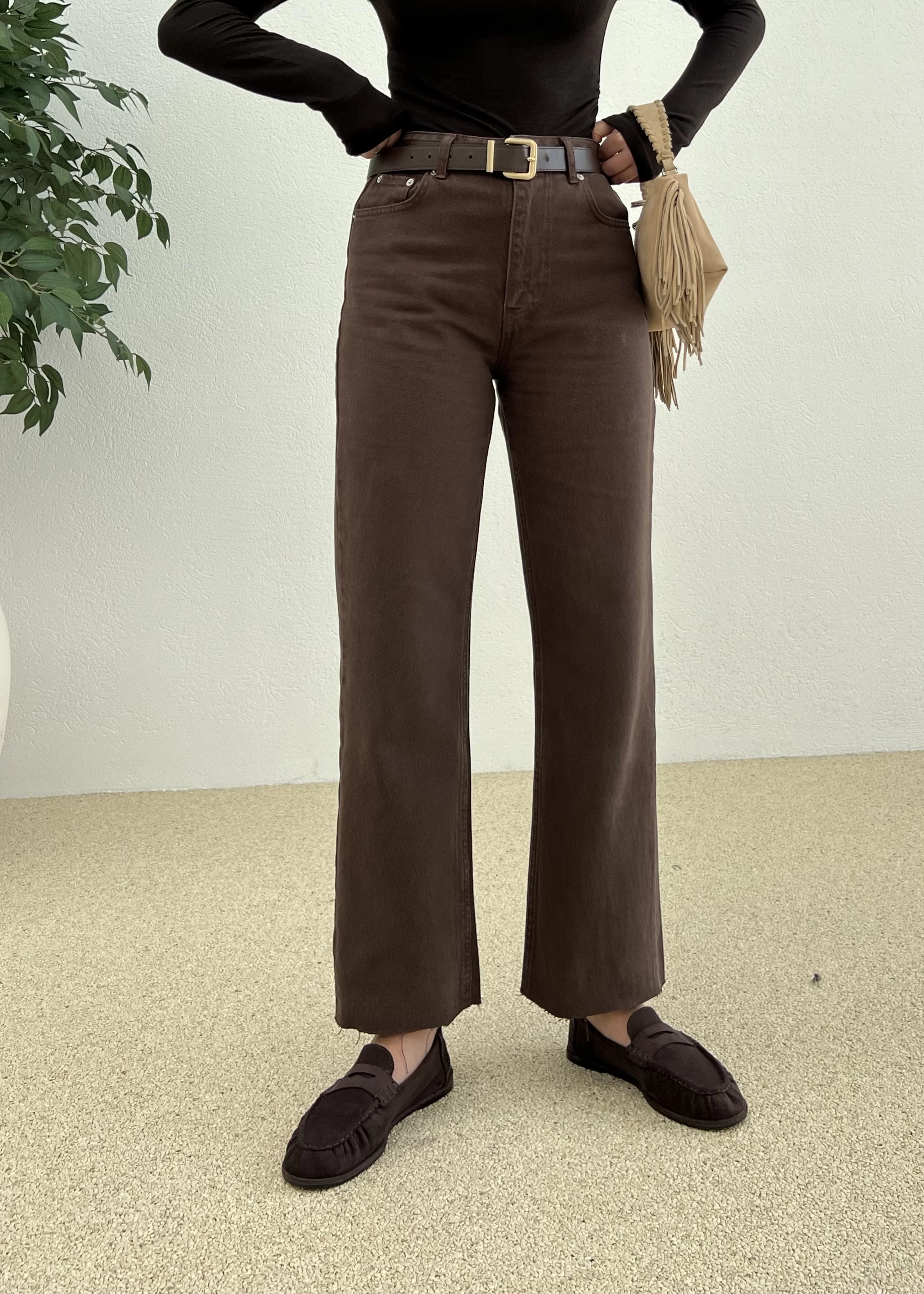 Zara Model Ultra Yüksek Belli Kesik Düz Paça Jeans acı kahve