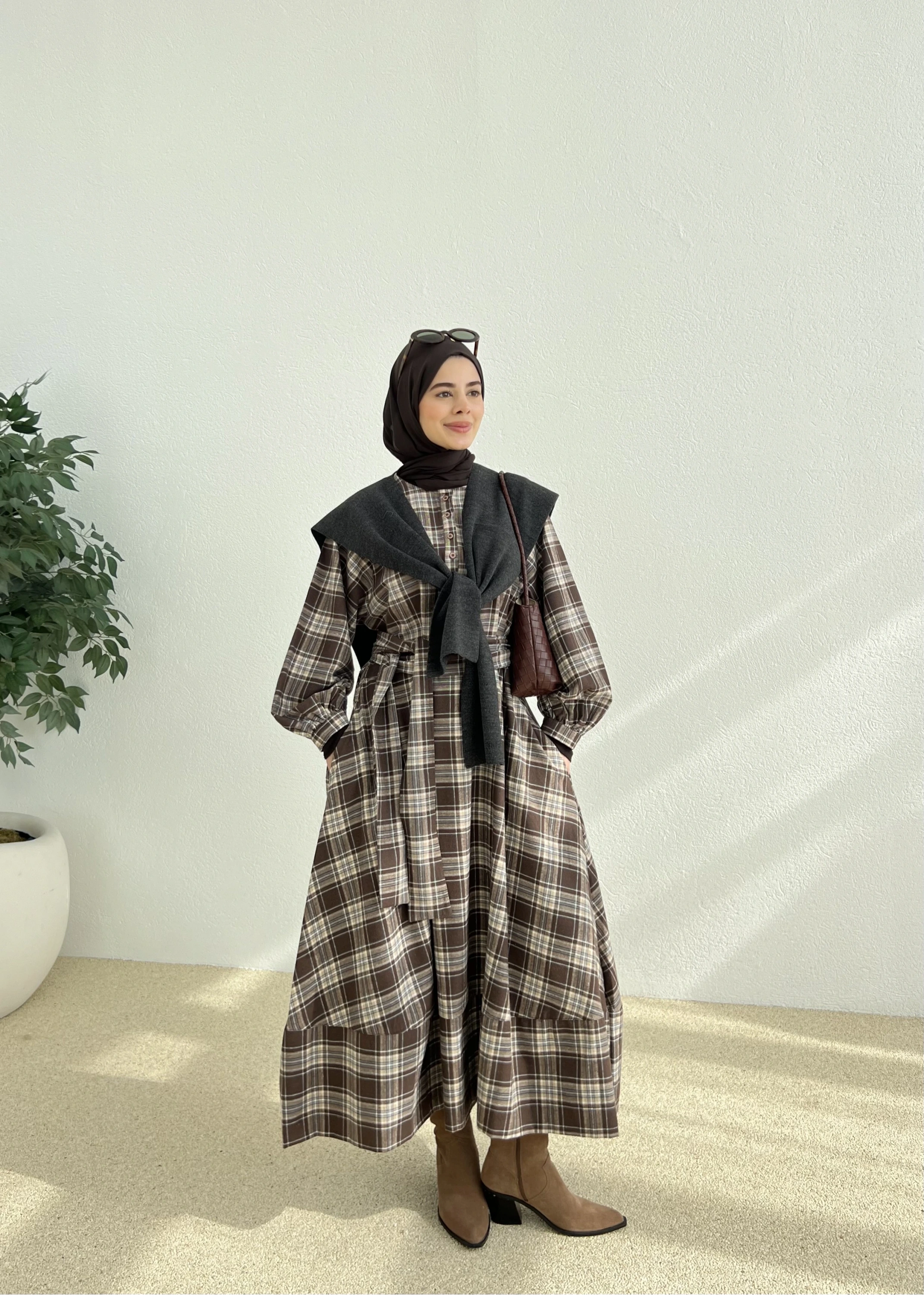 ZR KARELİ GÖMLEK ELBİSE KAHVE