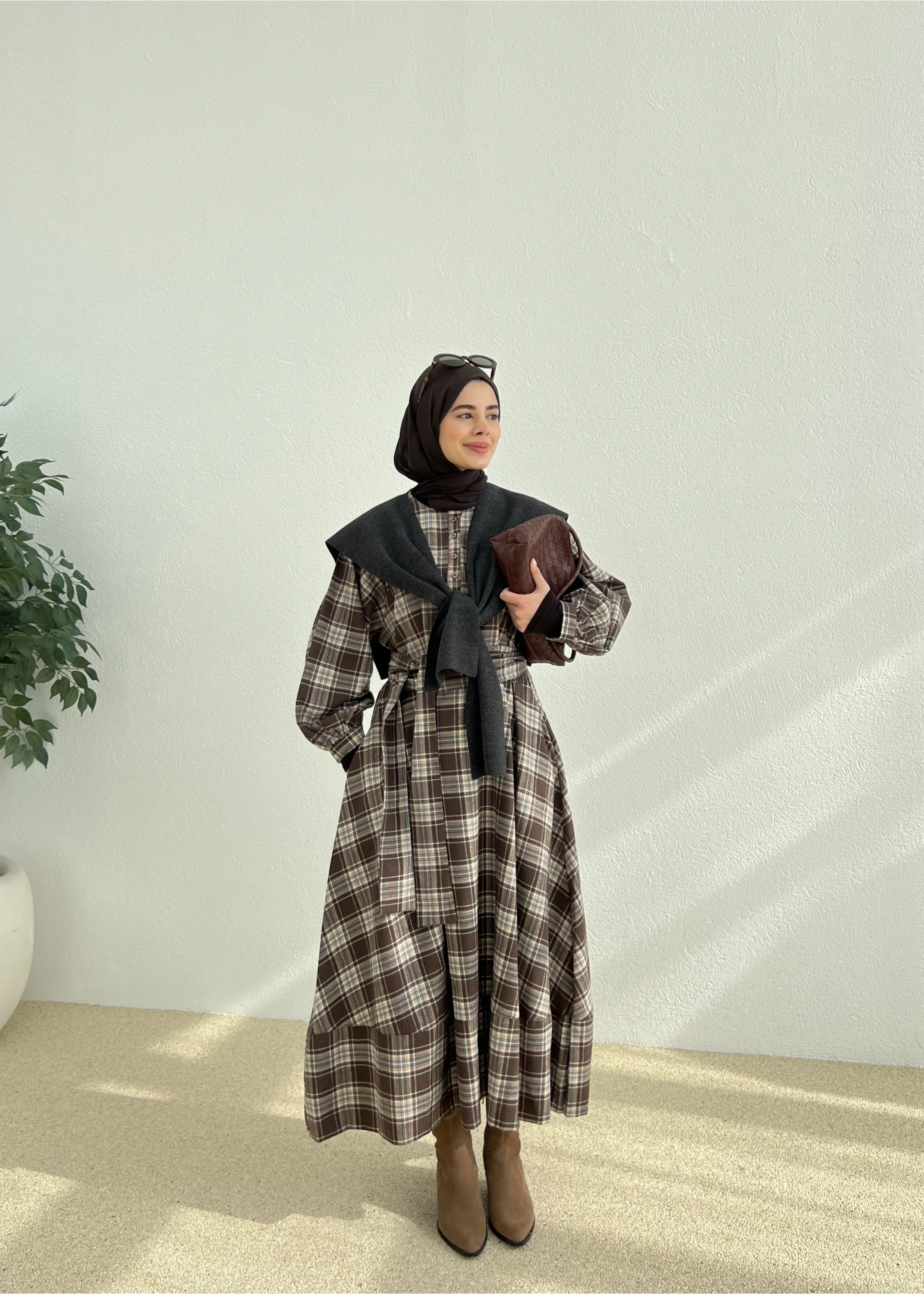 ZR KARELİ GÖMLEK ELBİSE KAHVE