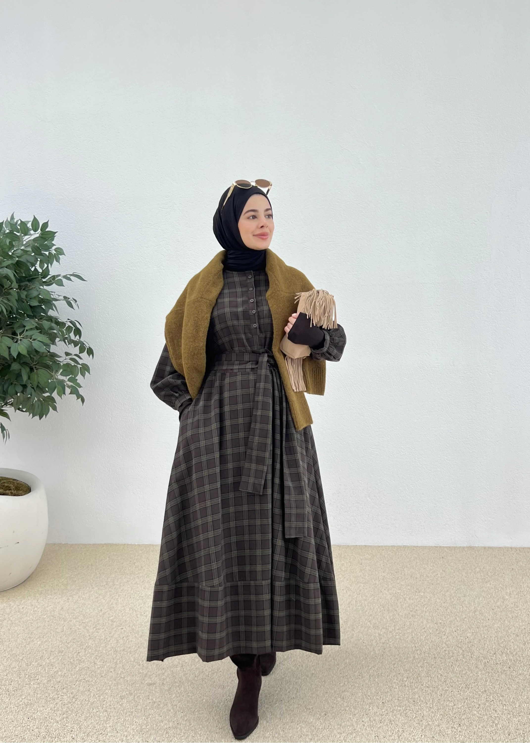 ZR KARELİ GÖMLEK ELBİSE yeşil