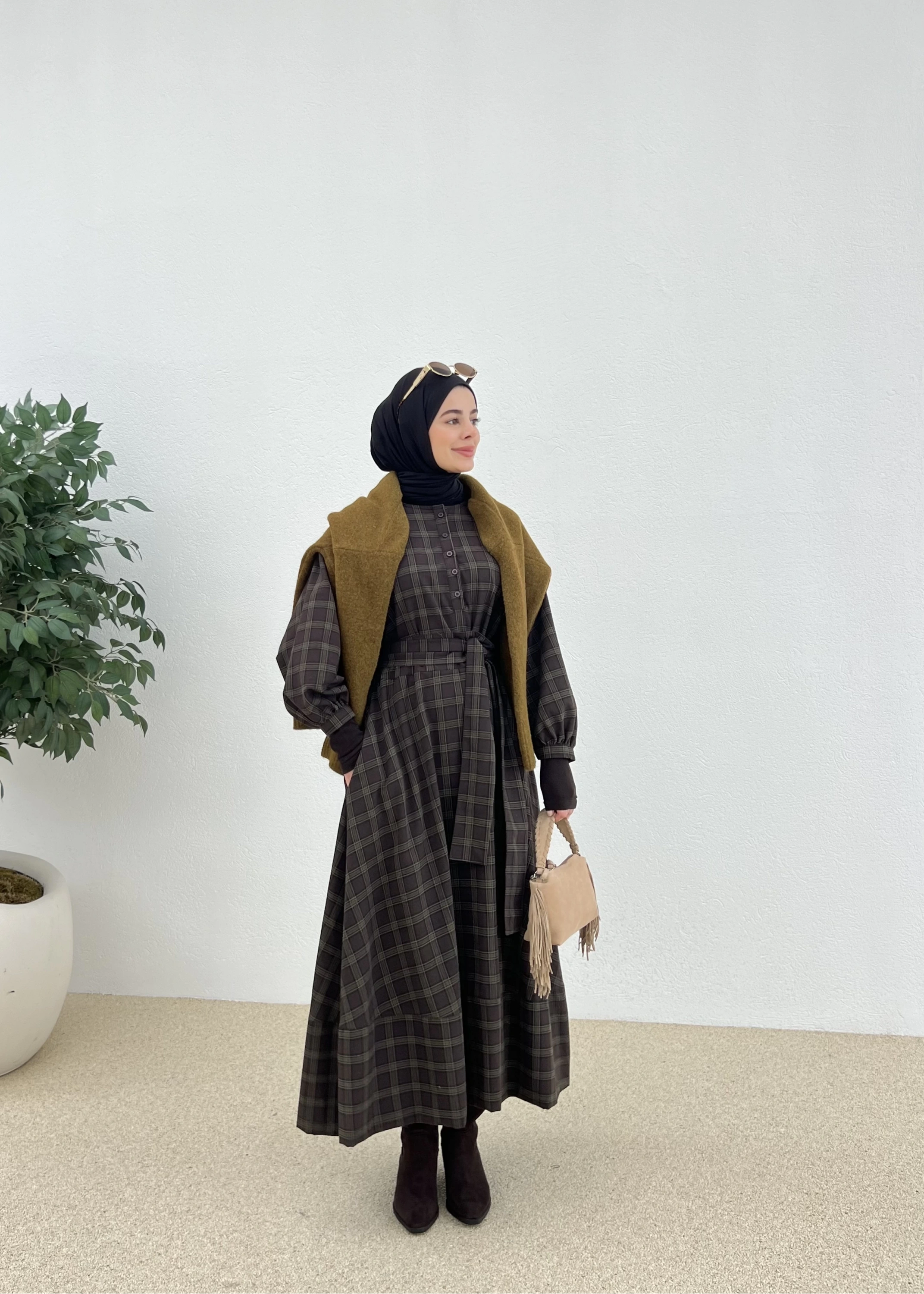 ZR KARELİ GÖMLEK ELBİSE yeşil