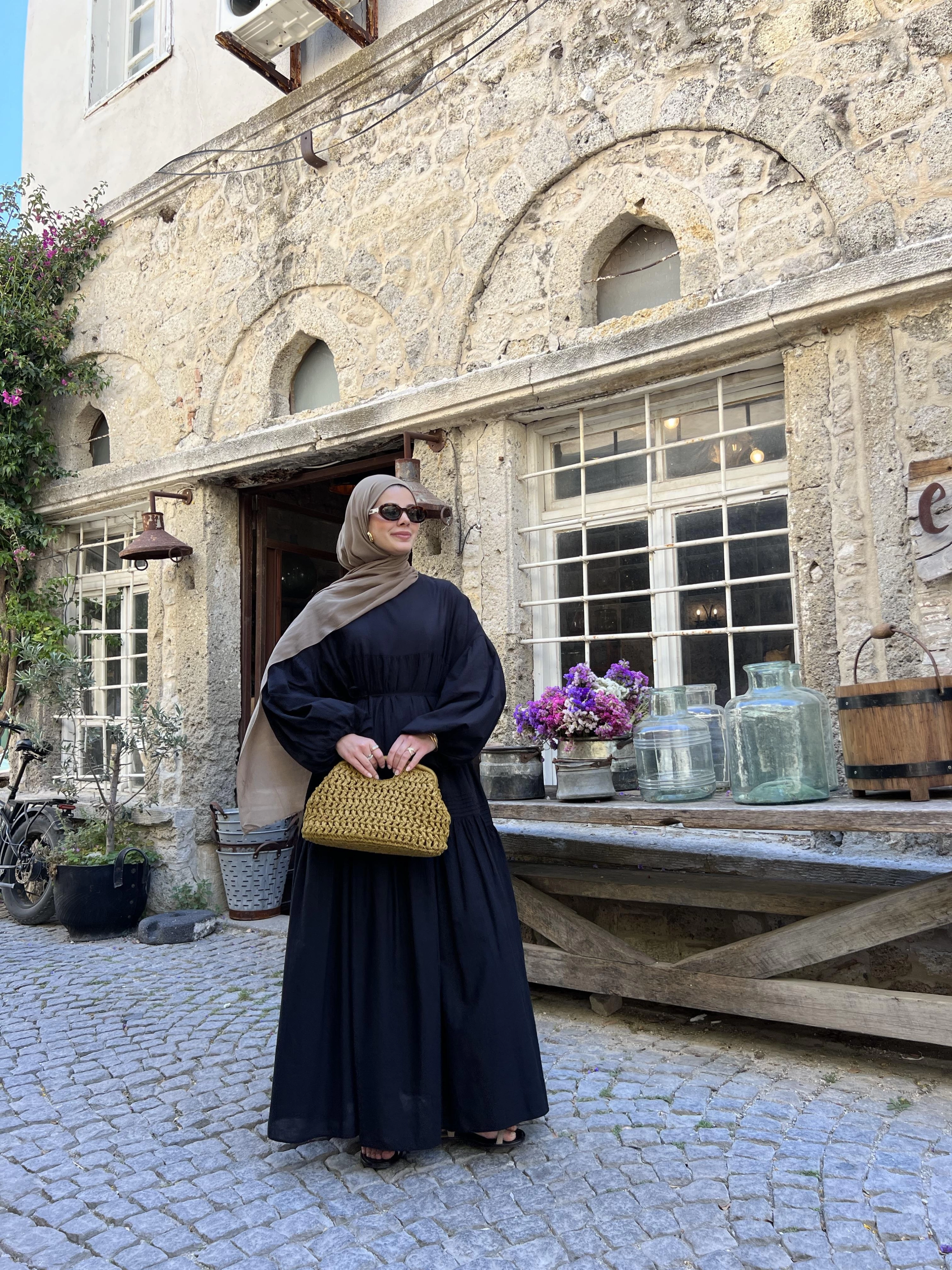 NNervül pamuk vual elbise siyah