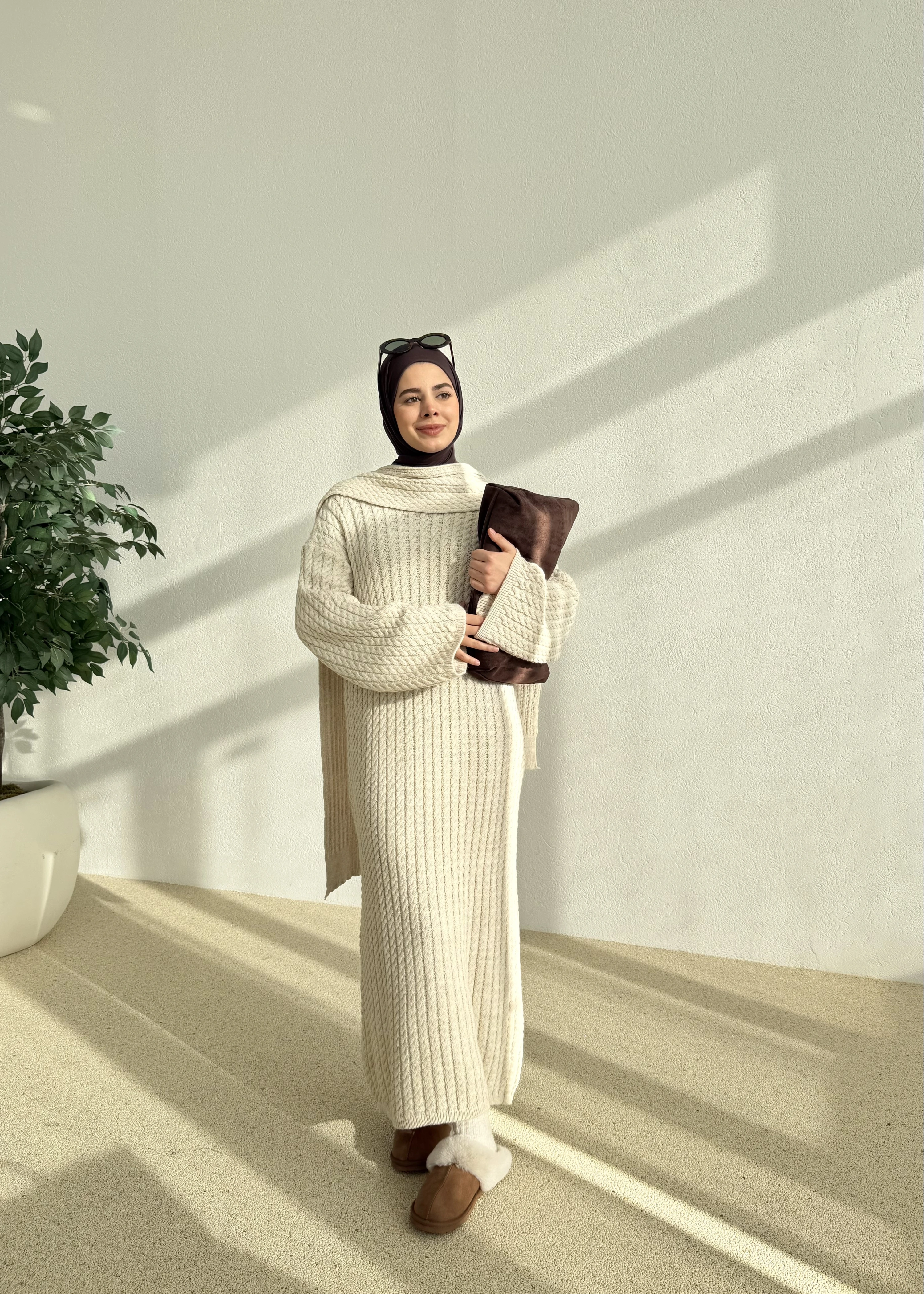 Örgülü atkılı elbise bej