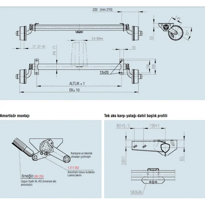 Al-Ko 1350Kg 1400mm Torsiyonlu Frenli Aks Dingil Seti