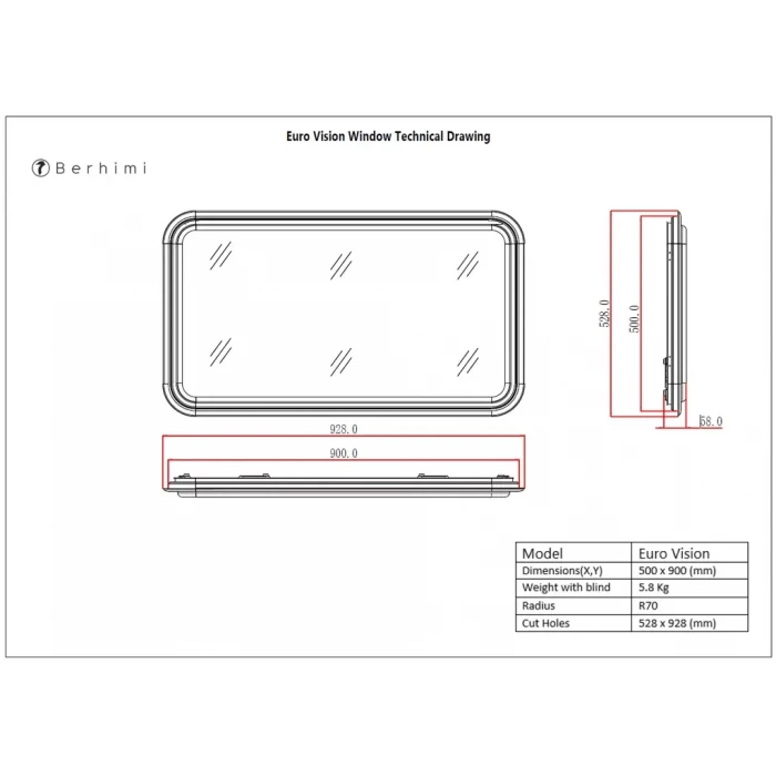 Berhimi 50x90cm Siyah Amortisörlü Karavan Camı / Pencere
