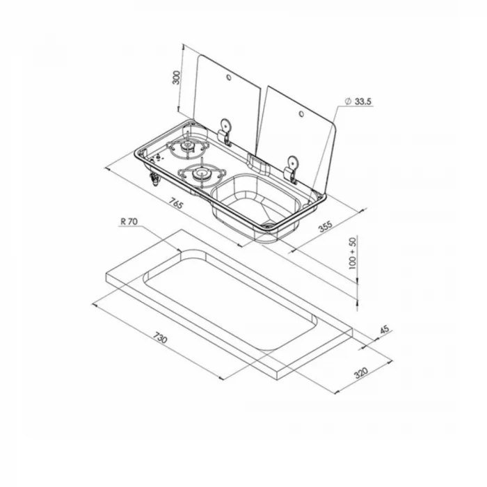 Can 1765-E Cam Kapaklı 2 Gözlü Ocak Evye Kombinasyonu ((Musluk Dahil)