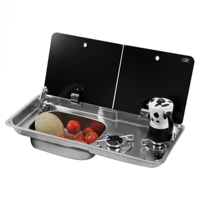 Can 1766 Cam Kapaklı 2 Gözlü Karavan Ocak Evye Kombinasyonu