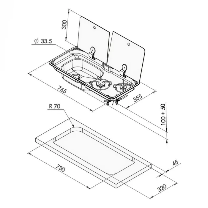 Can 1766 Cam Kapaklı 2 Gözlü Karavan Ocak Evye Kombinasyonu