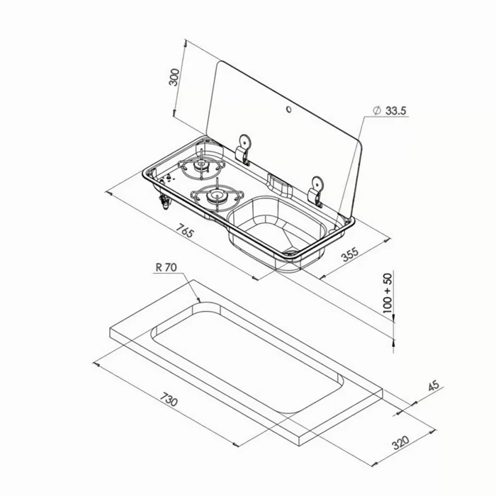 Can 1770 Cam Kapaklı 2 Gözlü Karavan Ocak Evye Kombinasyonu