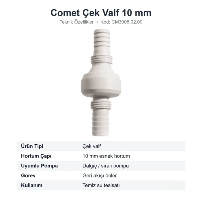 Comet Karavan Dalgıç Pompa Çek Valfi 10 mm Hortum İçin (CM3008.02.00)