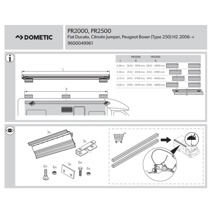 Dometic Duc/Jump/Boxer/Transit 3 Parçalı Montaj Kiti PR2000/2500 İçin
