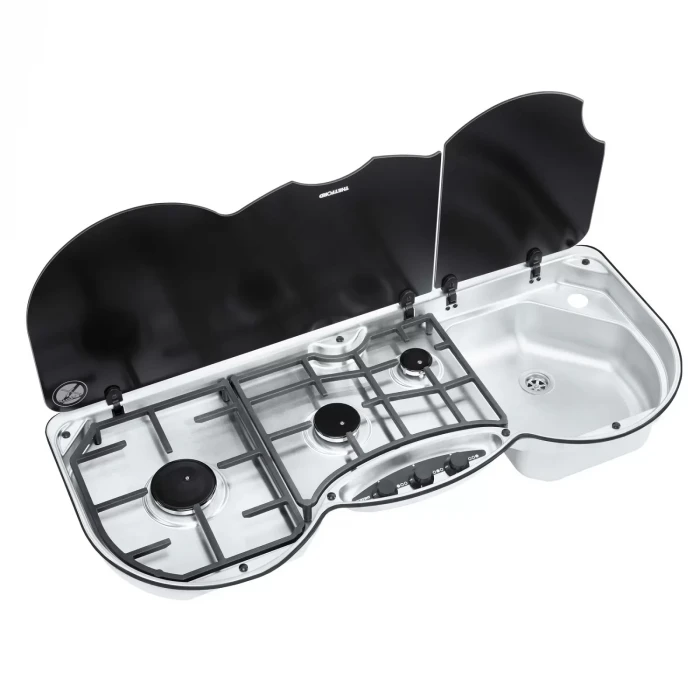 Thetford 353 Cam Kapaklı 3 Gözlü Ocak. Sağ Evye Kombinasyonu