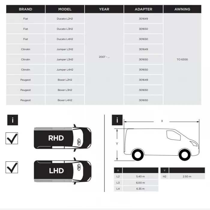 Thule 6300 L3,L4, H2Ducato Jumper Boxer 2007 ve sonrası Tente Montaj Braket Seti