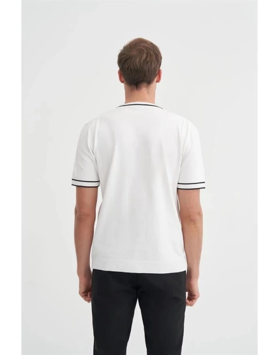 3013 Bisiklet Yaka Bel ve Kol Lastikli Triko Erkek T-Shirt BEYAZ