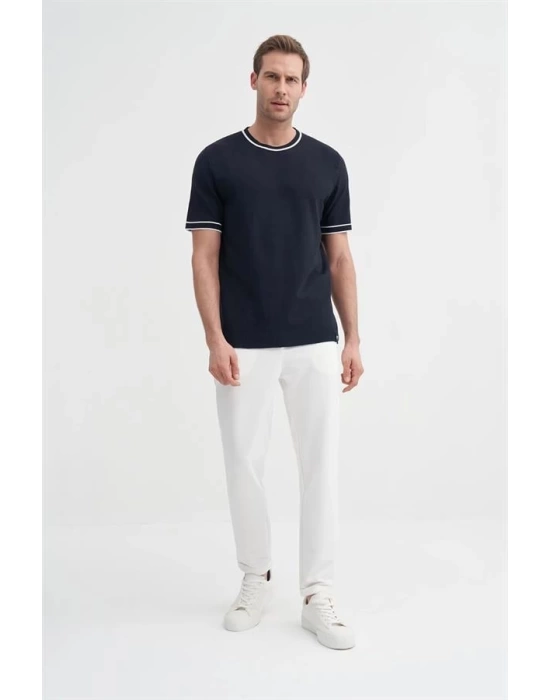 3013 Bisiklet Yaka Bel ve Kol Lastikli Triko Erkek T-Shirt LACİVERT