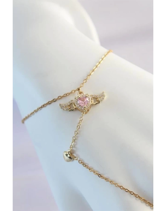 316L Çelik Gold Renk Pembe Zirkon Taşlı Kanatlı Kalp Model Şahmeran