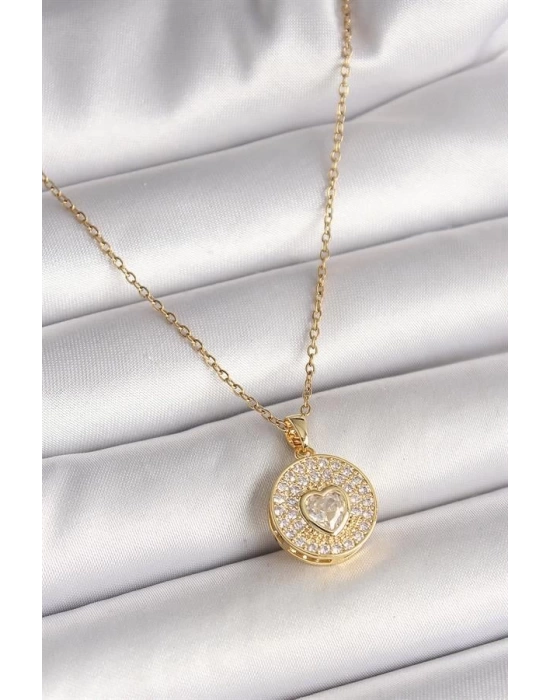 316L Çelik Gold Renk Zincir Madalyon Zirkon Taşlı Kalp Model Kadın Kolye