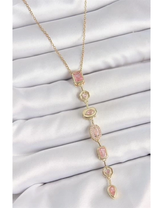 316L Çelik Gold Renk Zincir Pembe Zirkon Taşlı Y Model Dekolte Kadın Kolye