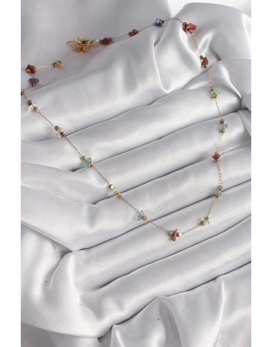 316L Çelik Gold Renk Zincir Renkli Doğaltaş Model Kadın Kolye