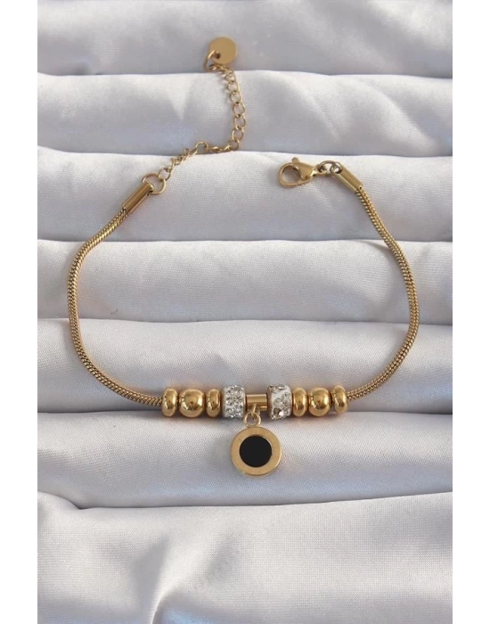 316L Çelik Gold Renk Zirkon Taş Aksesuarlı Siyah Mineli Bileklik